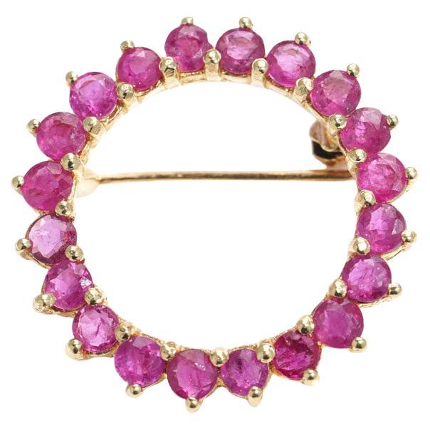 Vintage 14 Karat Yellow Gold Round Brooch Set with 1.40 Carat, Rubies For Sale