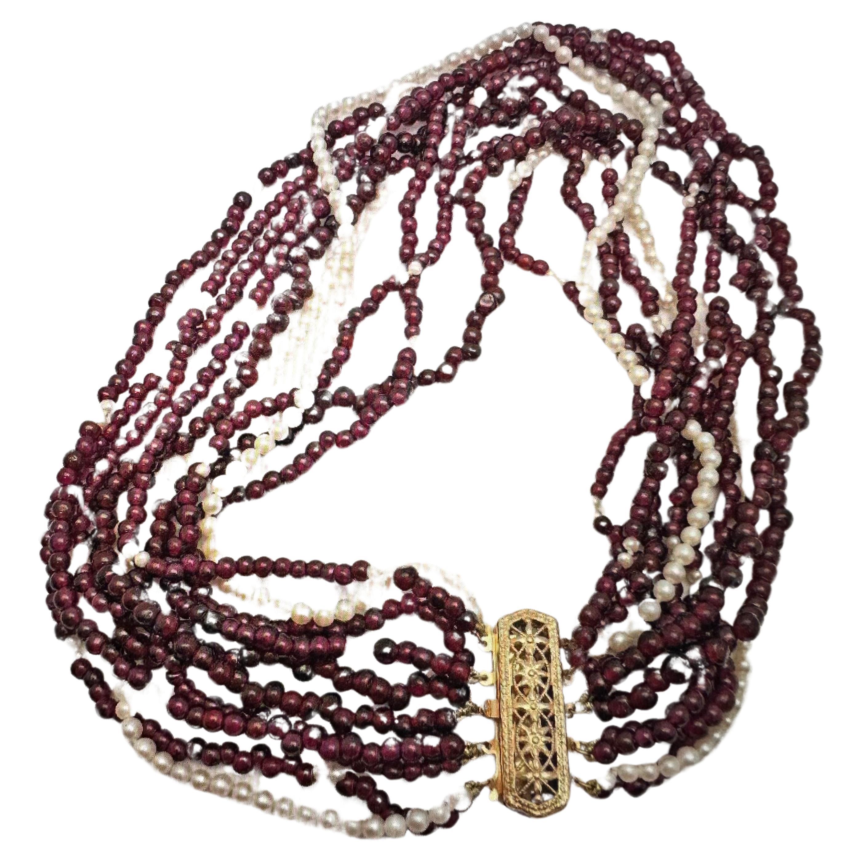 Vintage By  14kt Gelbgold ~ Rubin und Perle 10strang 15" Choker-Halskette im Angebot