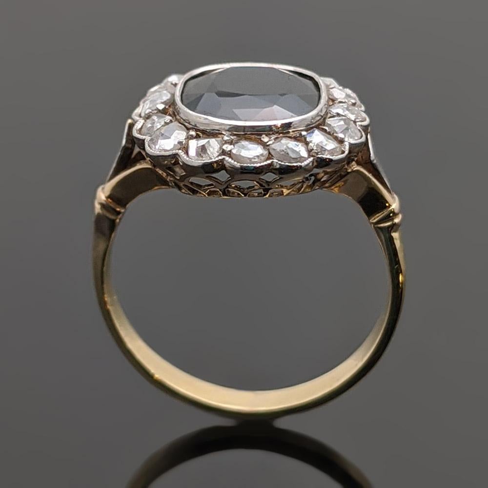 Cushion Cut Vintage 14 Karat Yellow Gold Sapphire Rose Cut Diamond Ring