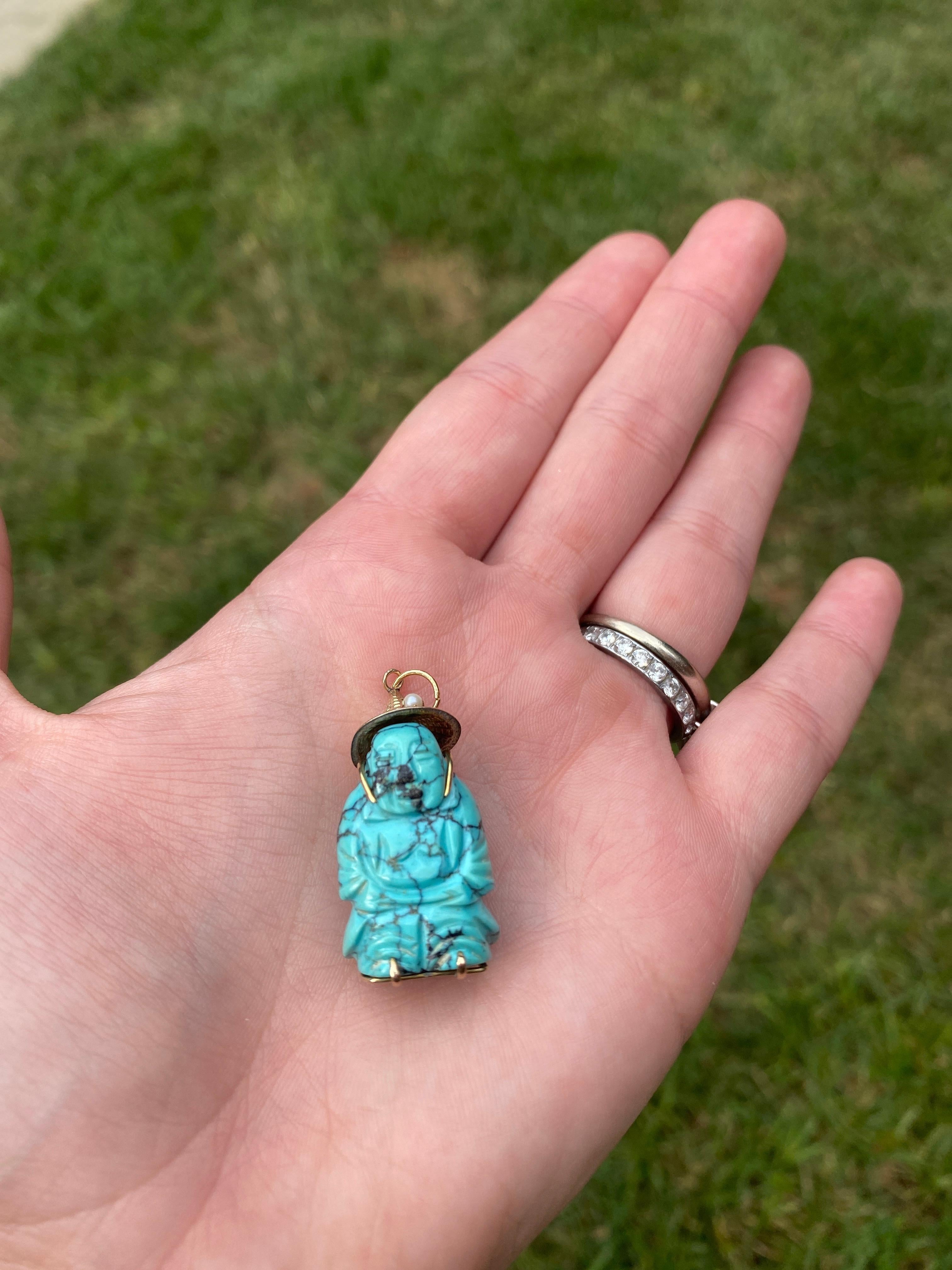 Vintage 14KT Yellow Gold Turquoise Buddha Charm, Carved Buddha In Good Condition For Sale In McLeansville, NC