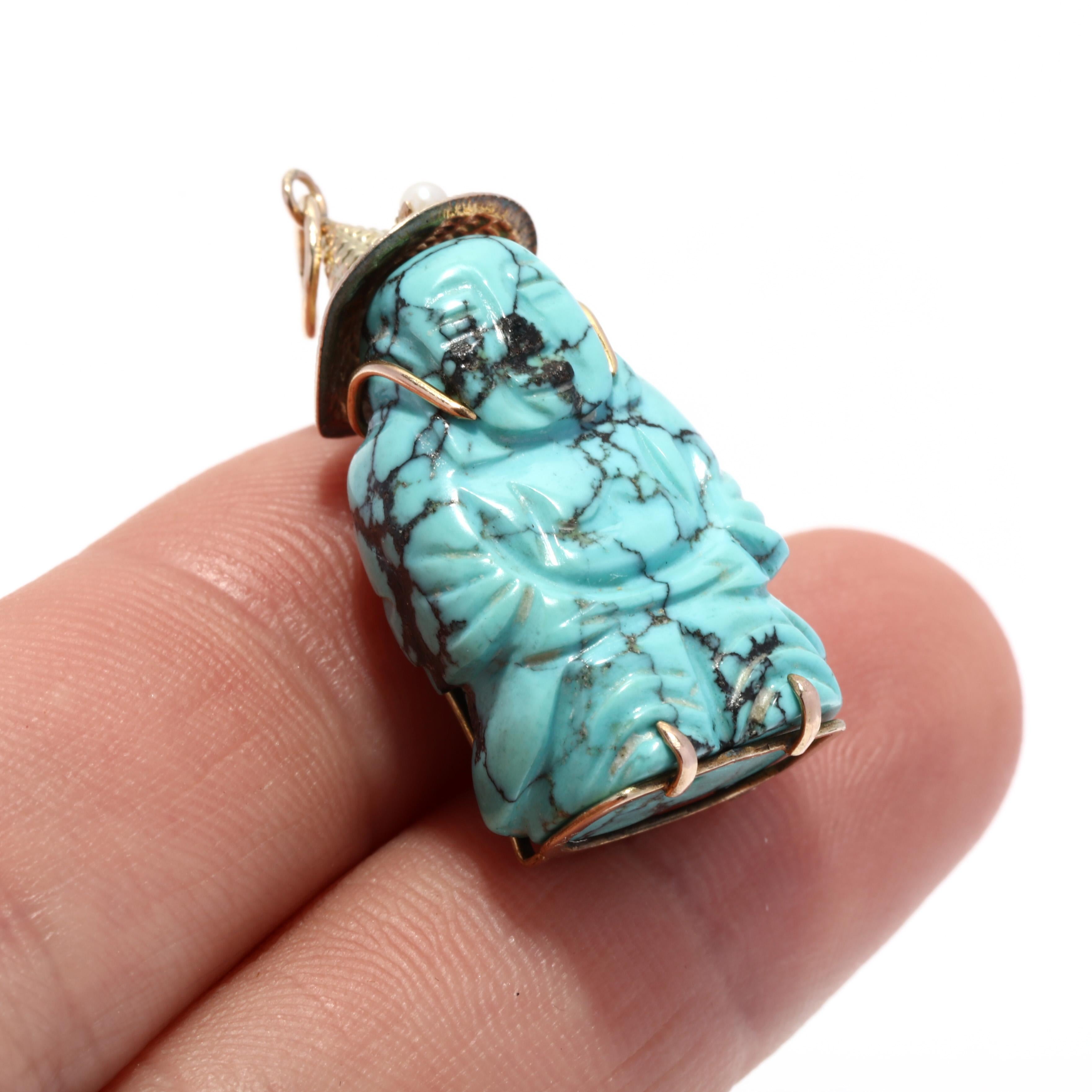 Mixed Cut Vintage 14KT Yellow Gold Turquoise Buddha Charm, Carved Buddha For Sale
