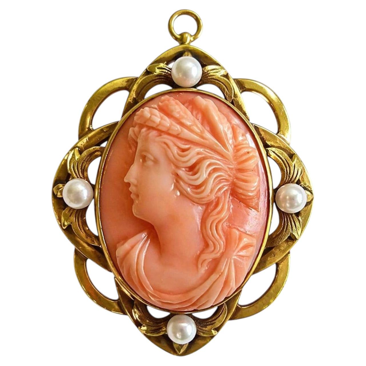 Alfiler/Colgante Camafeo Vintage de Oro Amarillo Macizo de 14kt, Perlas Naturales Blancas 12.7 gr