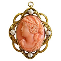 Vintage 14kt Yellow Solid Gold Cameo Pin/Pendant, White Natural Pearls 12.7 gr
