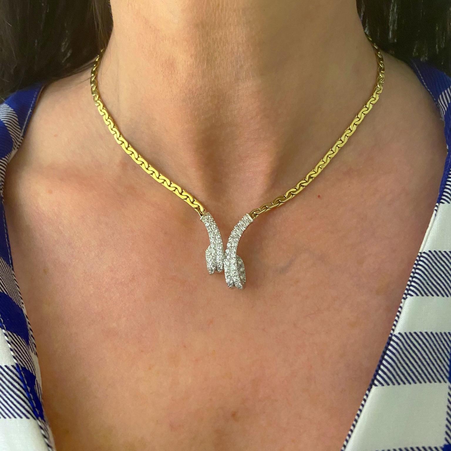 Round Cut Vintage 14KT Yellow and White Gold Necklace with 1.20 Ct. Diamond Ribbon Center