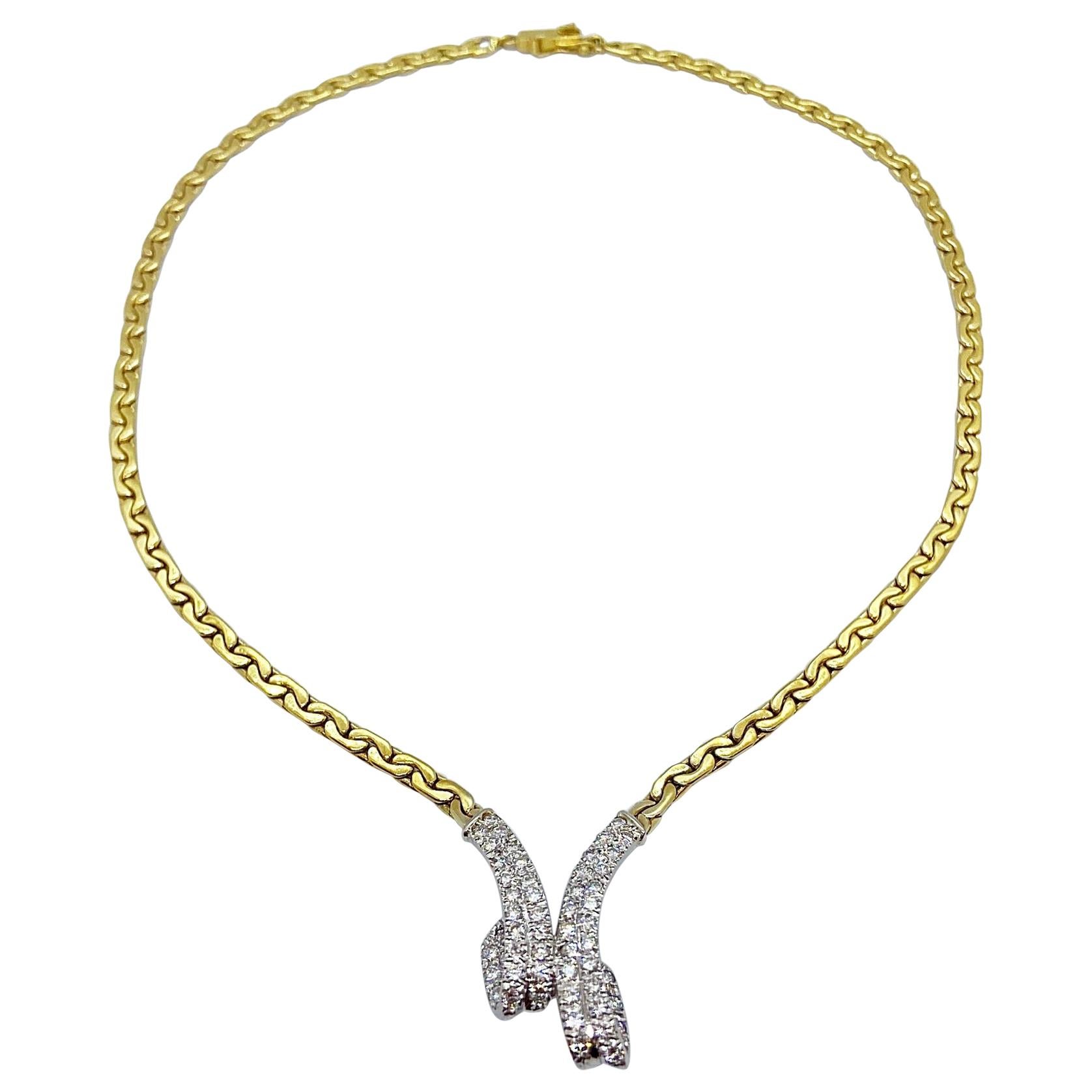 Vintage 14KT Yellow and White Gold Necklace with 1.20 Ct. Diamond Ribbon Center