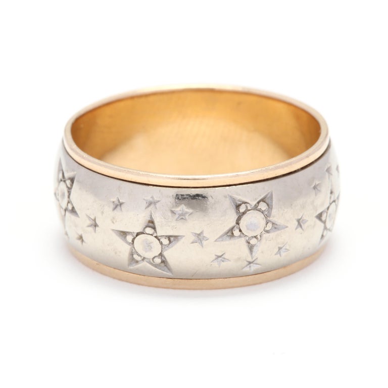 Vintage 14 Karat Yellow and White Gold Star Celestial Wide Band Ring at ...
