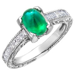 Vintage 14KW Gold 1.10ct Cabochon Emerald & Diamond Ring from OGI Ltd Estate