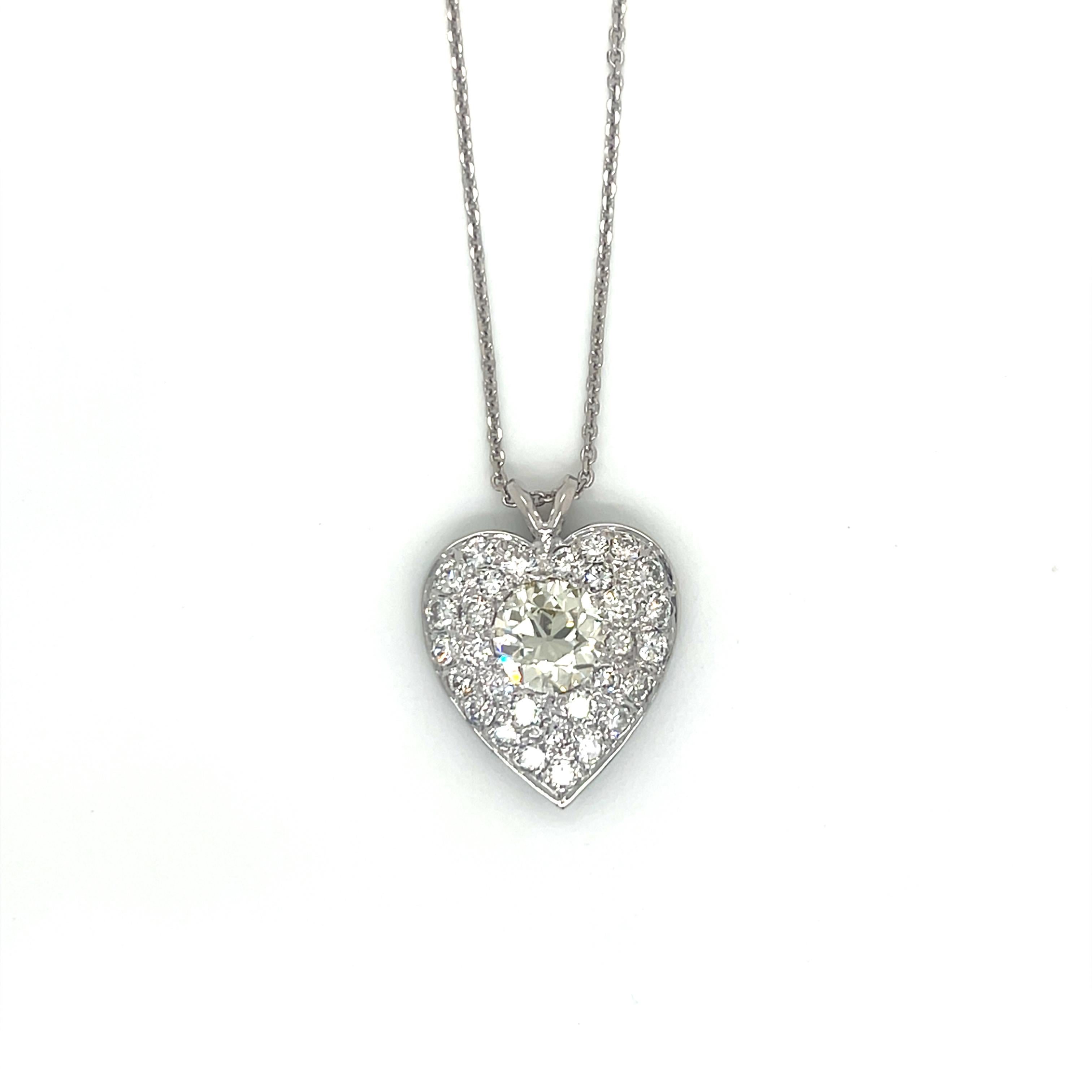 Old European Cut Vintage 14KW Gold Diamond Heart Pendant Necklace For Sale