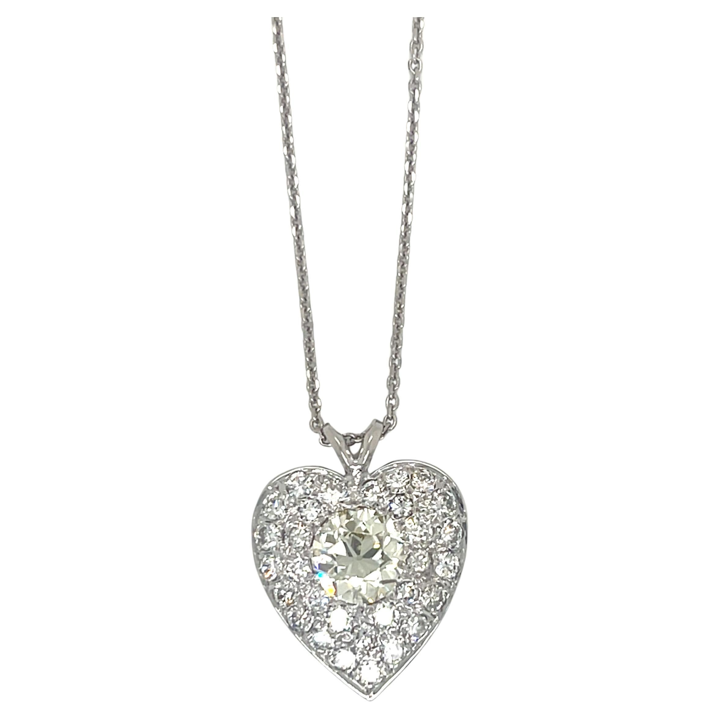 Vintage 14KW Gold Diamond Heart Pendant Necklace