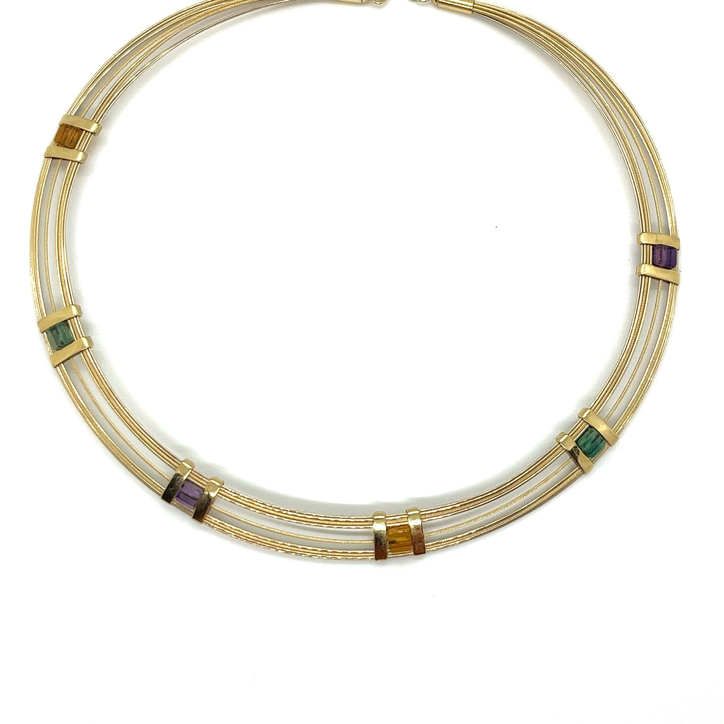 Vintage 14KY Gold Collar Necklace with Semi-Precious Gemstones - The necklaces is made up with 9 individual plain and cable twisted 14k yellow gold wires attached at the back with 14k end caps. The 5mm cube shape gemstones are Amethysts, Citrines,
