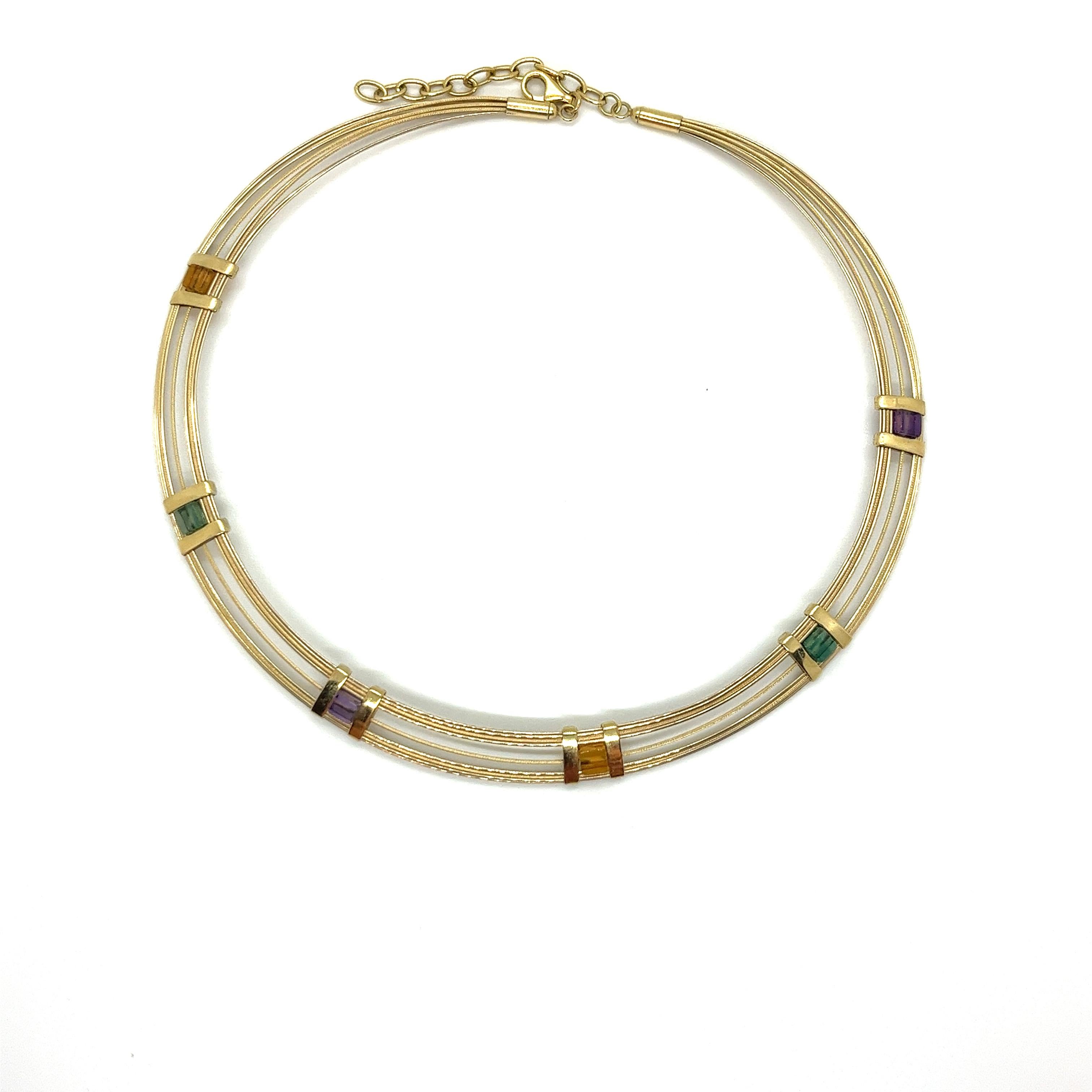 Art Nouveau Vintage 14KY Gold Collar Necklace with Semi-Precious Gemstones For Sale