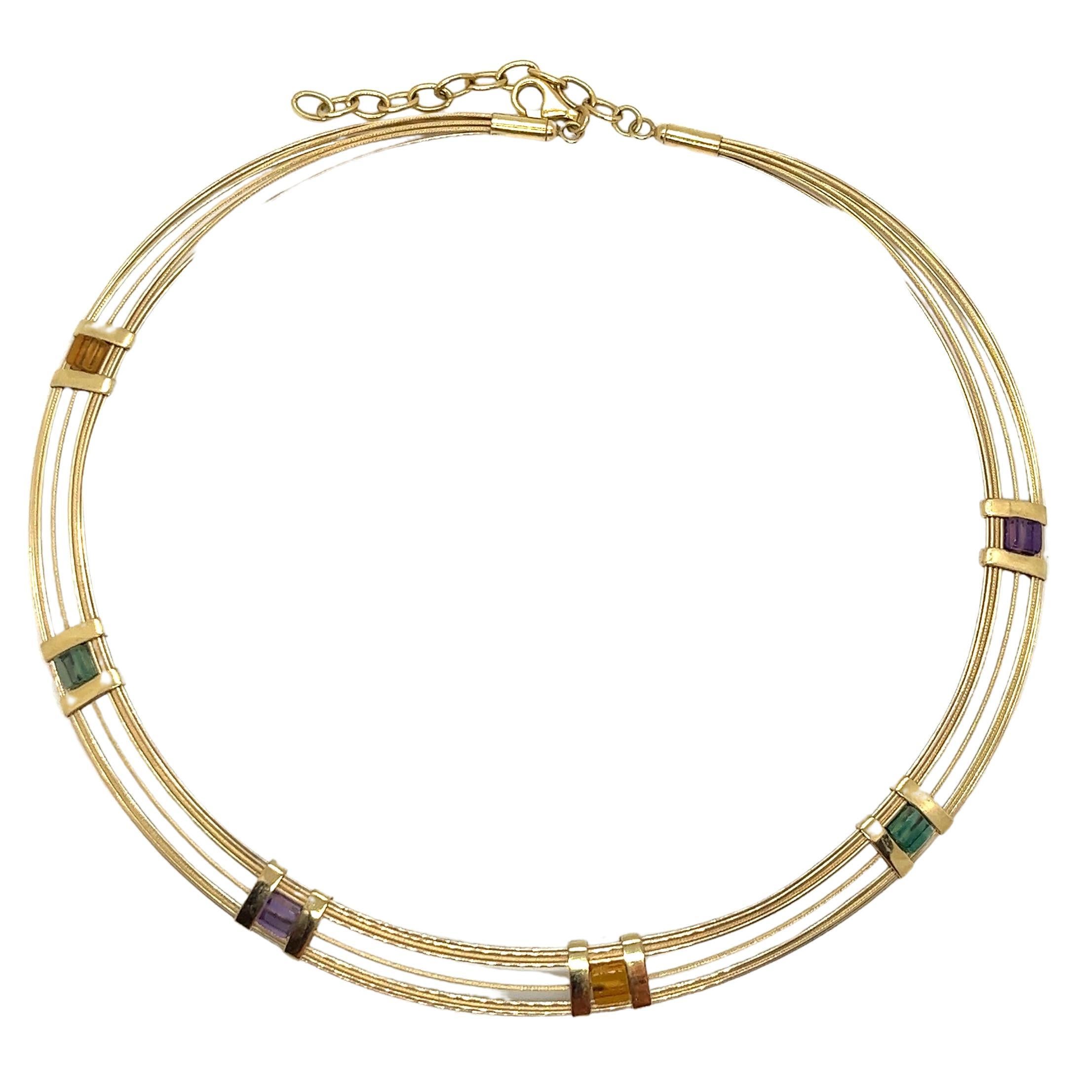 Vintage 14KY Gold Collar Necklace with Semi-Precious Gemstones For Sale