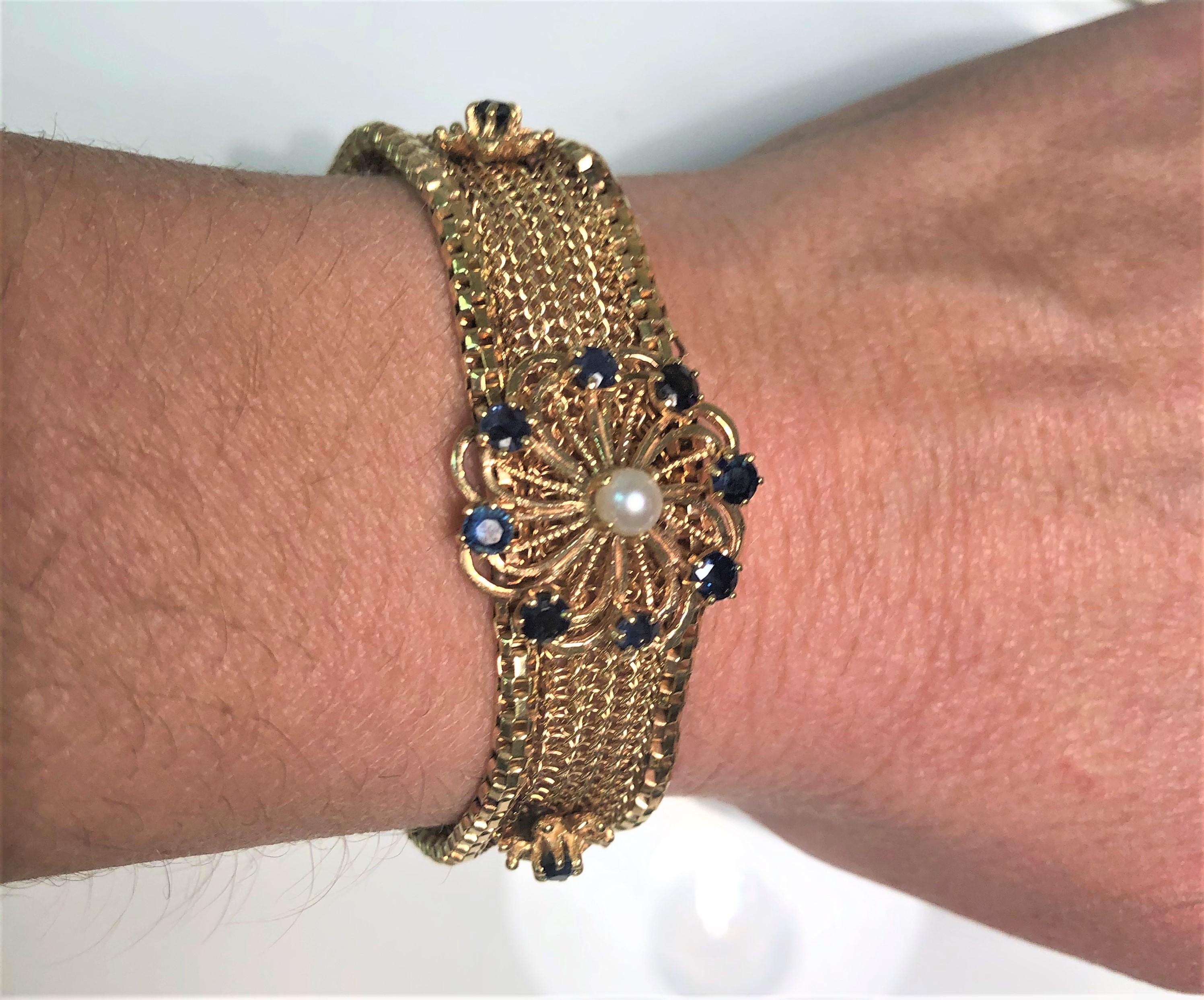 Vintage 14 Karat Yellow Sapphire Pearl Mesh Bracelet 1