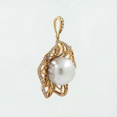 Pendentif fleur vintage en or rose 18 carats, perles et diamants de 14 mm