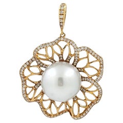 Pendentif fleur vintage en or rose 18 carats, perles et diamants de 14 mm