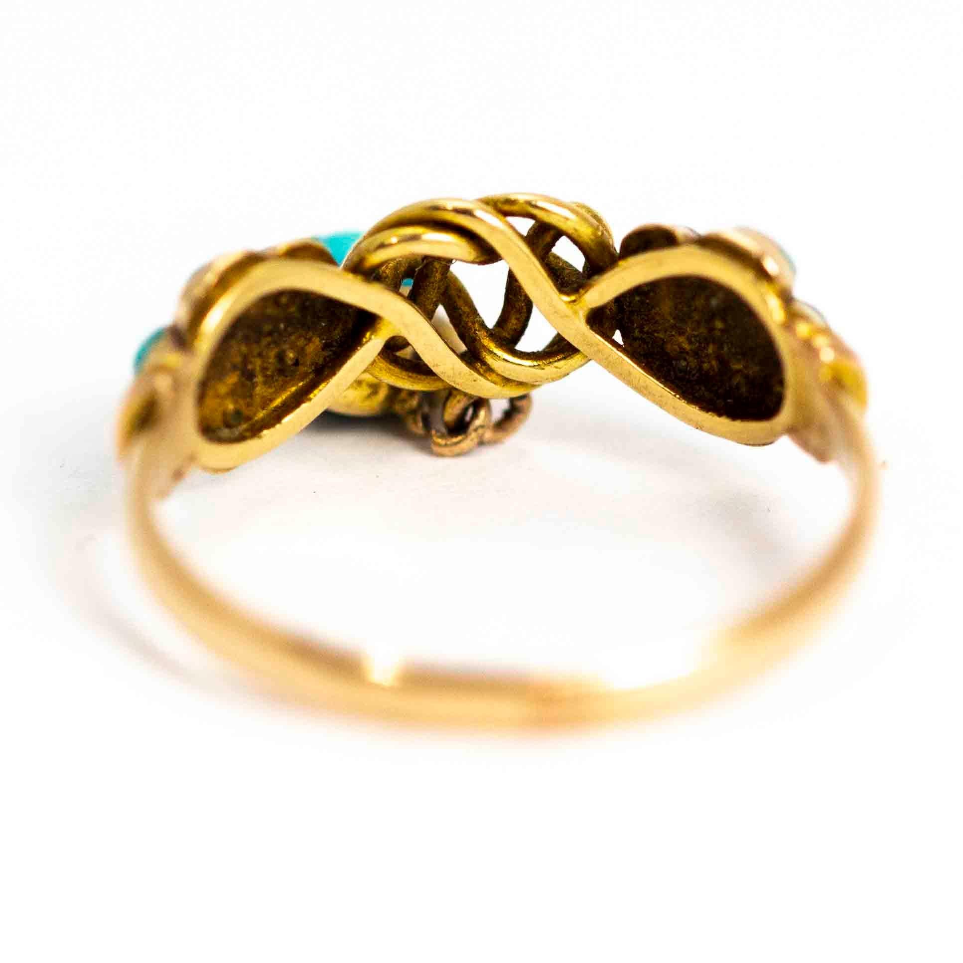 Vintage 15 Carat Gold Turquoise Lover's Knot Ring In Good Condition In Chipping Campden, GB