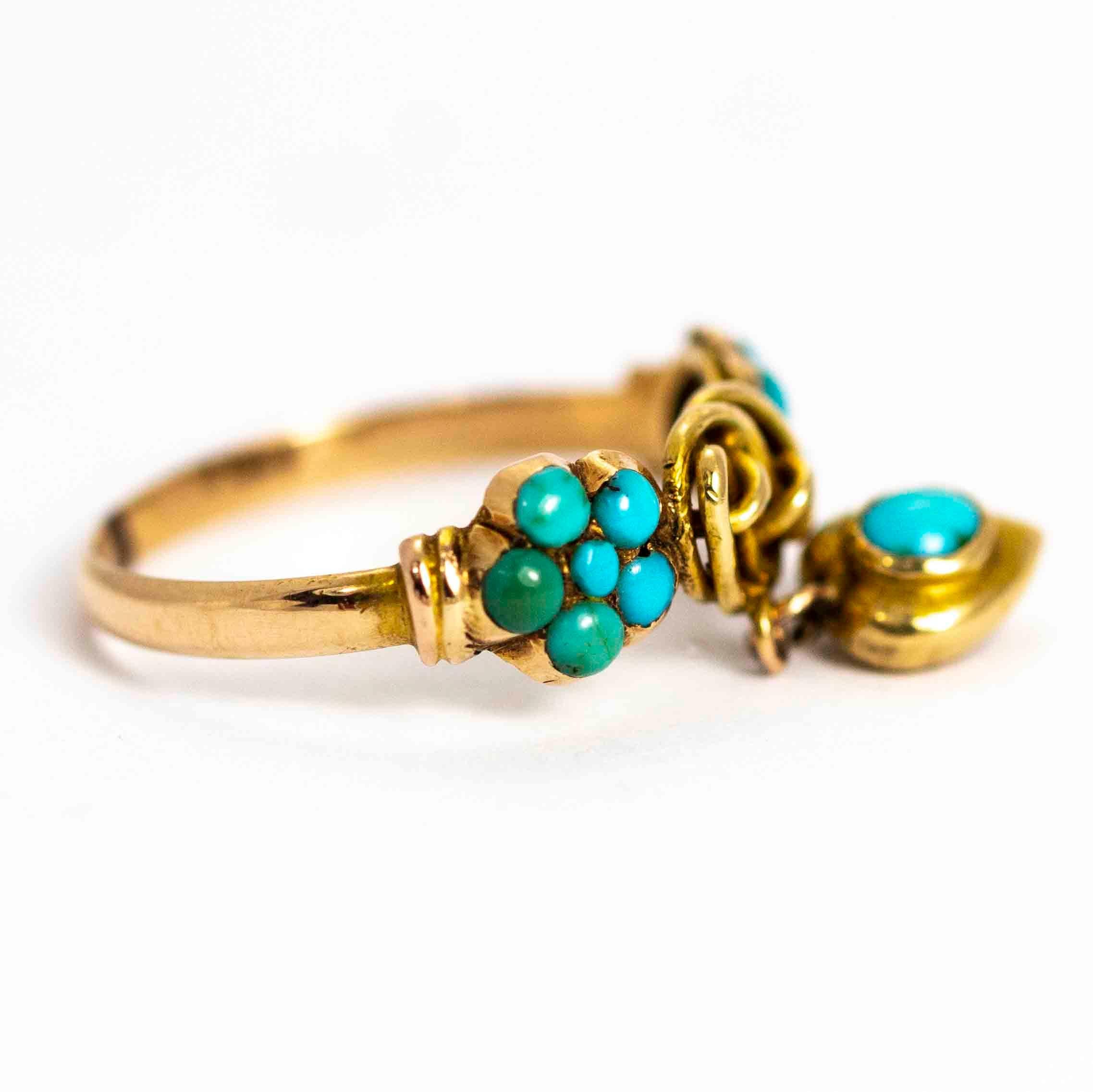 Women's or Men's Vintage 15 Carat Gold Turquoise Lover's Knot Ring