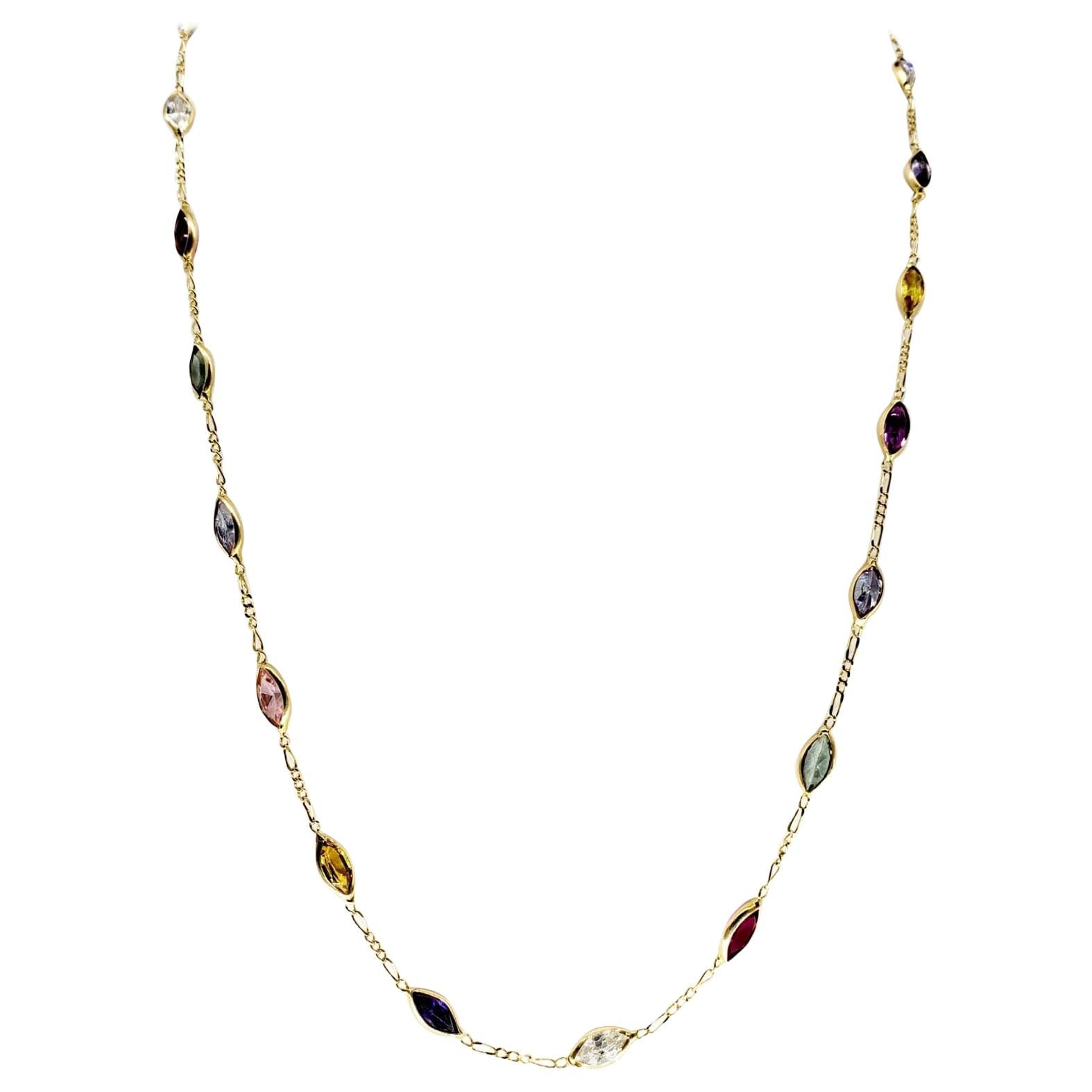 Vintage 15 Carat Marquise Multi Gemstones Necklace 14 Karat Gold