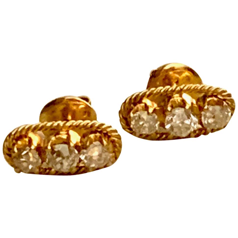 Vintage 1.5 Carat Mine Cut Diamond 14 Karat Yellow Gold Post Earrings For Sale