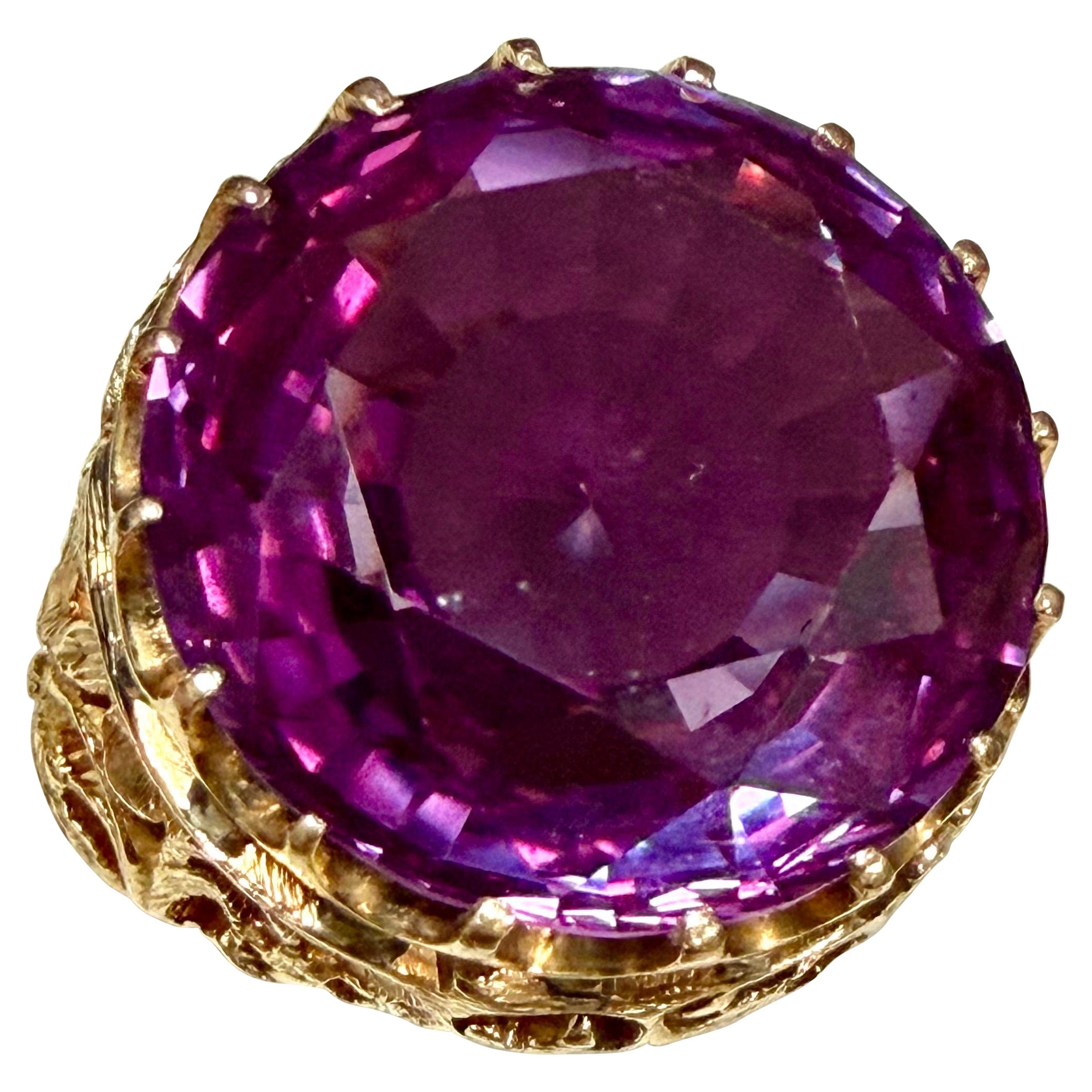 Anello da cocktail con ametista rotonda da 15 carati in oro giallo da 18 carati, 13,4 gm
