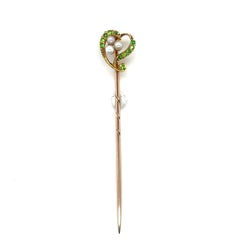 Vintage 15 Karat Yellow Gold Demantoid Garnet Seed Pearl Stick Pin, Circa 1915