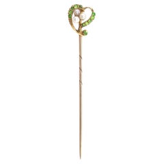 Vintage 15 Karat Yellow Gold Demantoid Garnet Seed Pearl Stick Pin, Circa 1915