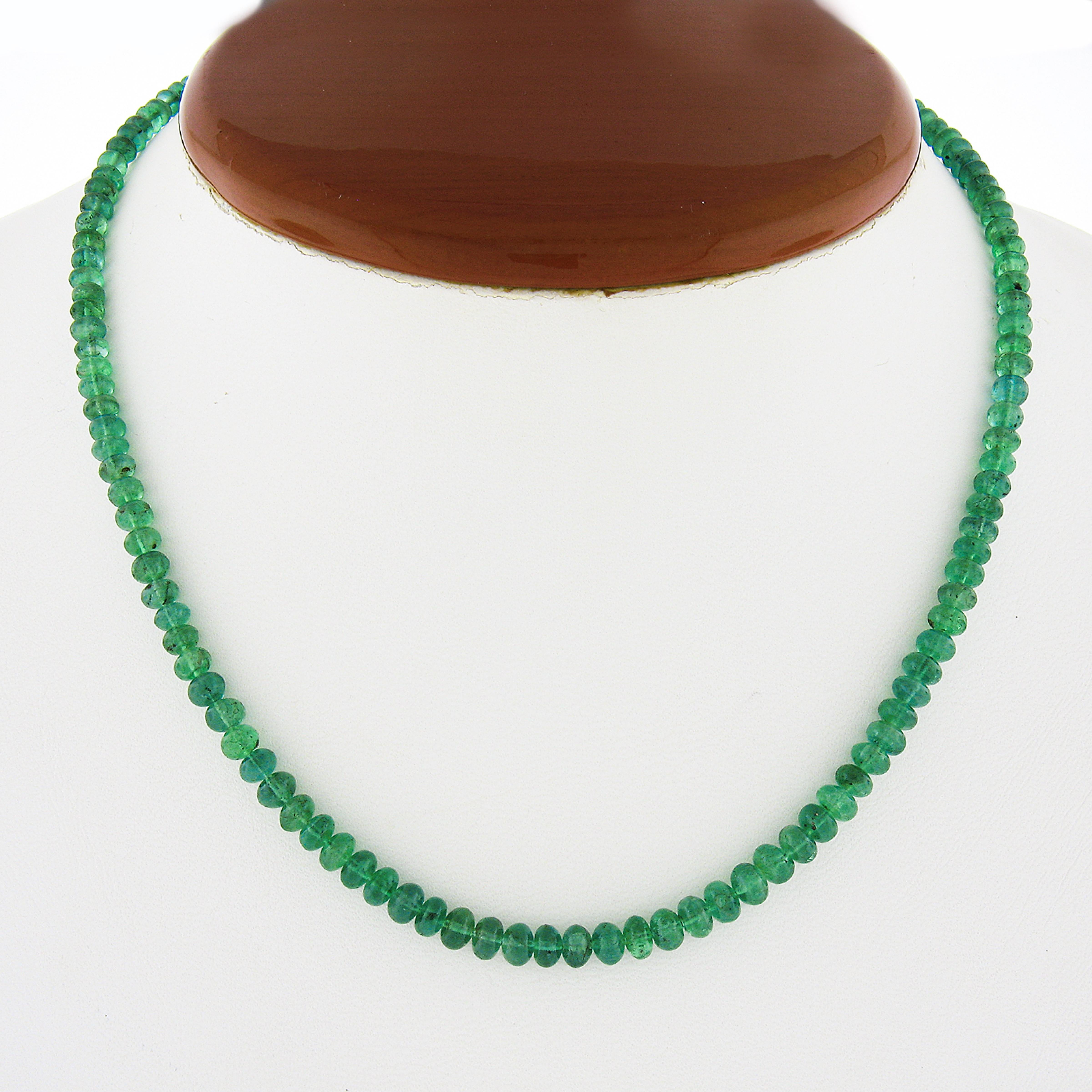 Here we have a magnificent vintage bead strand necklace that features 127 natural genuine emerald Rondelle beads that are neatly strung throughout. The beads range from 3.45mm to 4.5mm in diameter and three of them were selected at random for