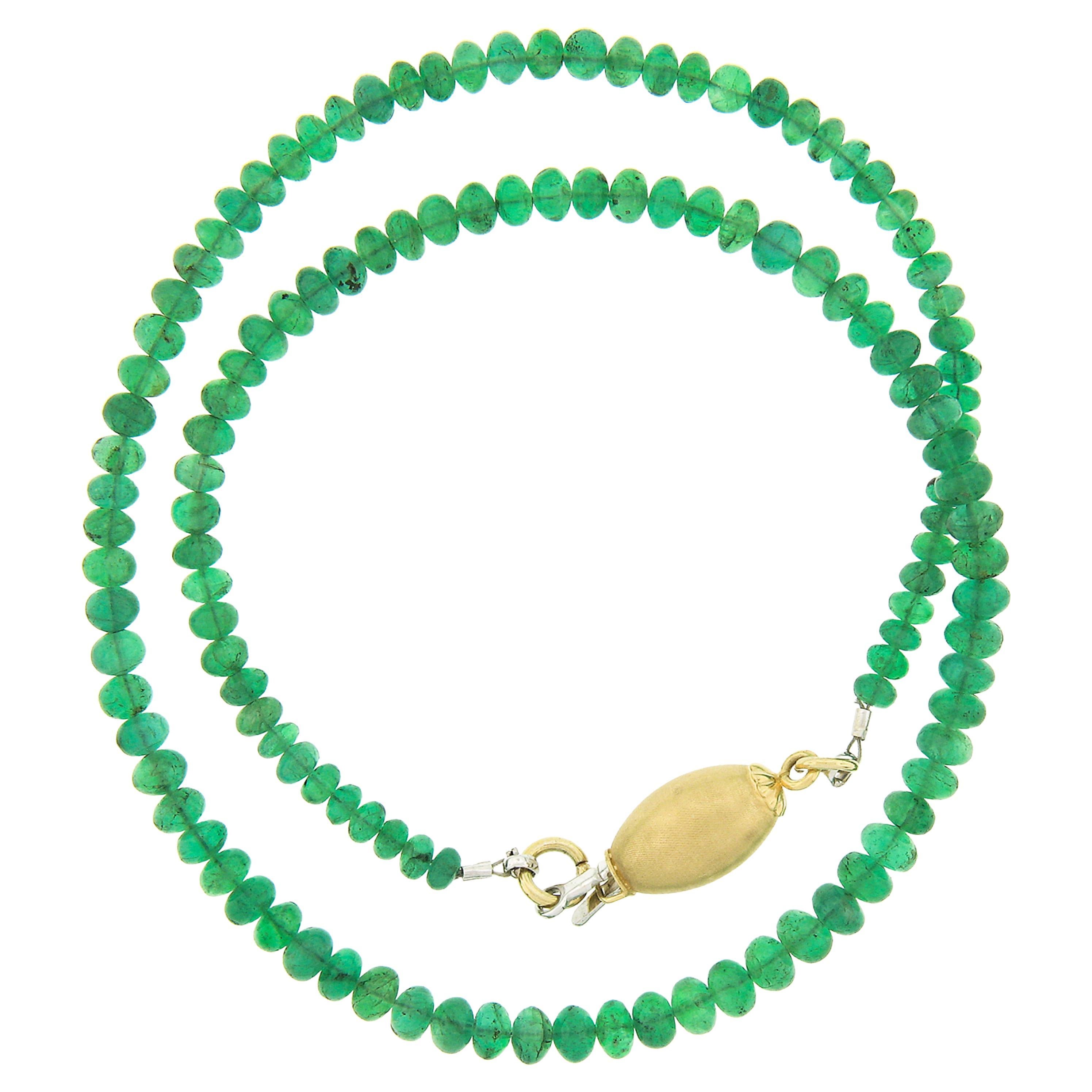 Vintage Rondelle Bead GIA Rich Green Emerald Strand Necklace 14k Gold Clasp