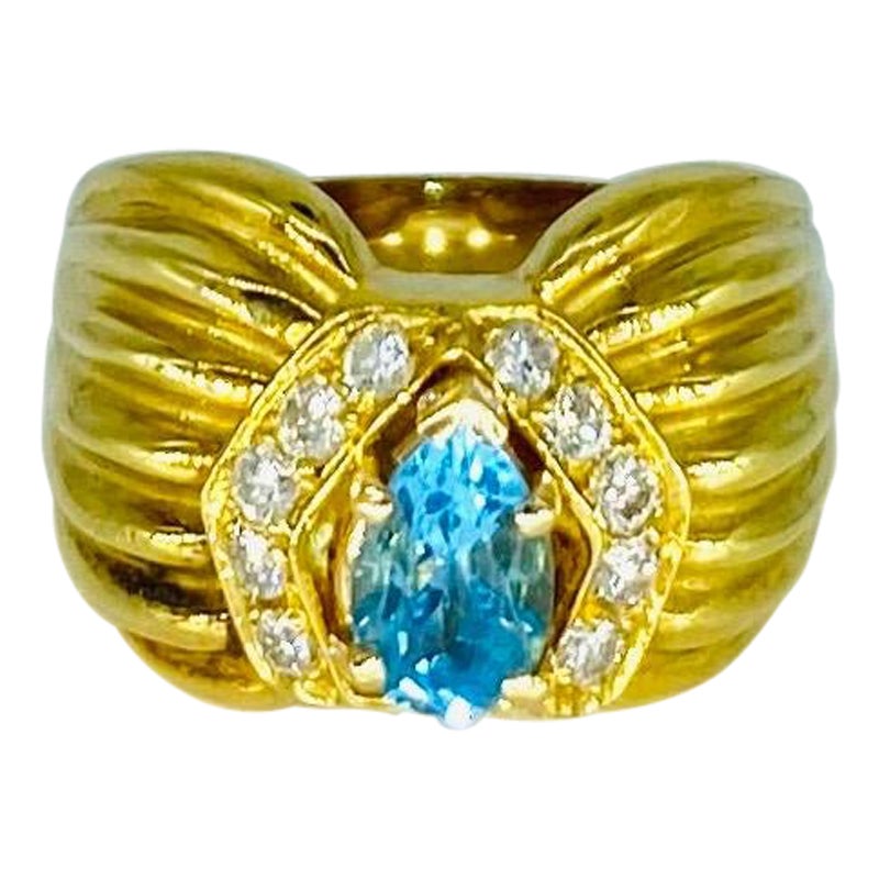 Anello da cocktail vintage con acquamarina e diamanti da 1,50 carati in oro 18k