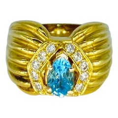 Anello da cocktail vintage con acquamarina e diamanti da 1,50 carati in oro 18k