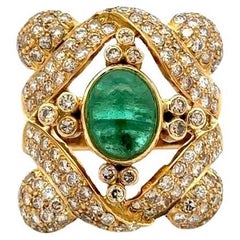 Anillo de oro vintage con cabujón de esmeralda de 1,50 quilates y diamantes RBC