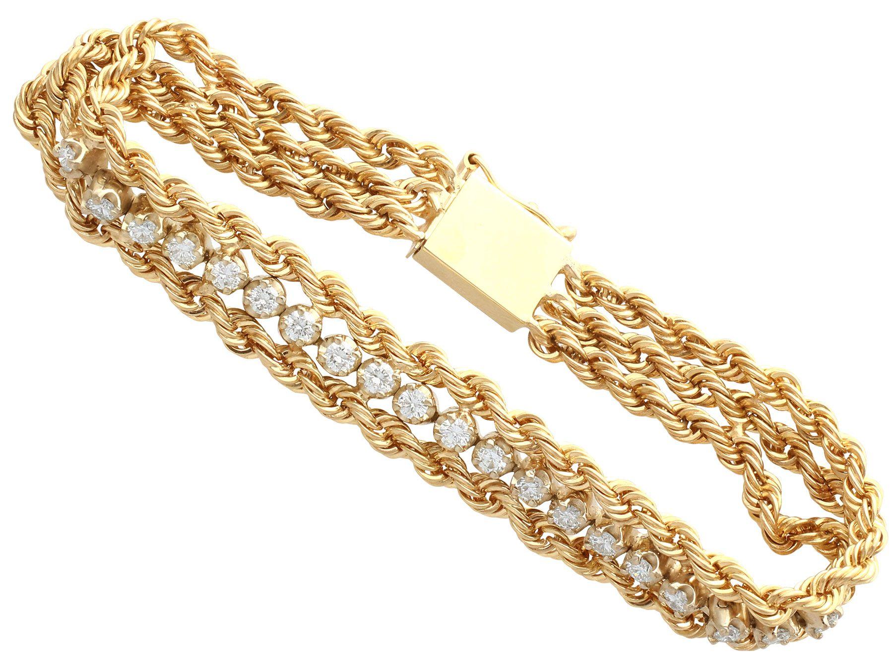 A fine and impressive 1.50 carat diamond rope bracelet in 14 karat yellow gold; part of our diverse vintage jewelry and estate jewelry collections.

This impressive diamond rope bracelet has been crafted in 14 karat yellow gold.

Three feature rope
