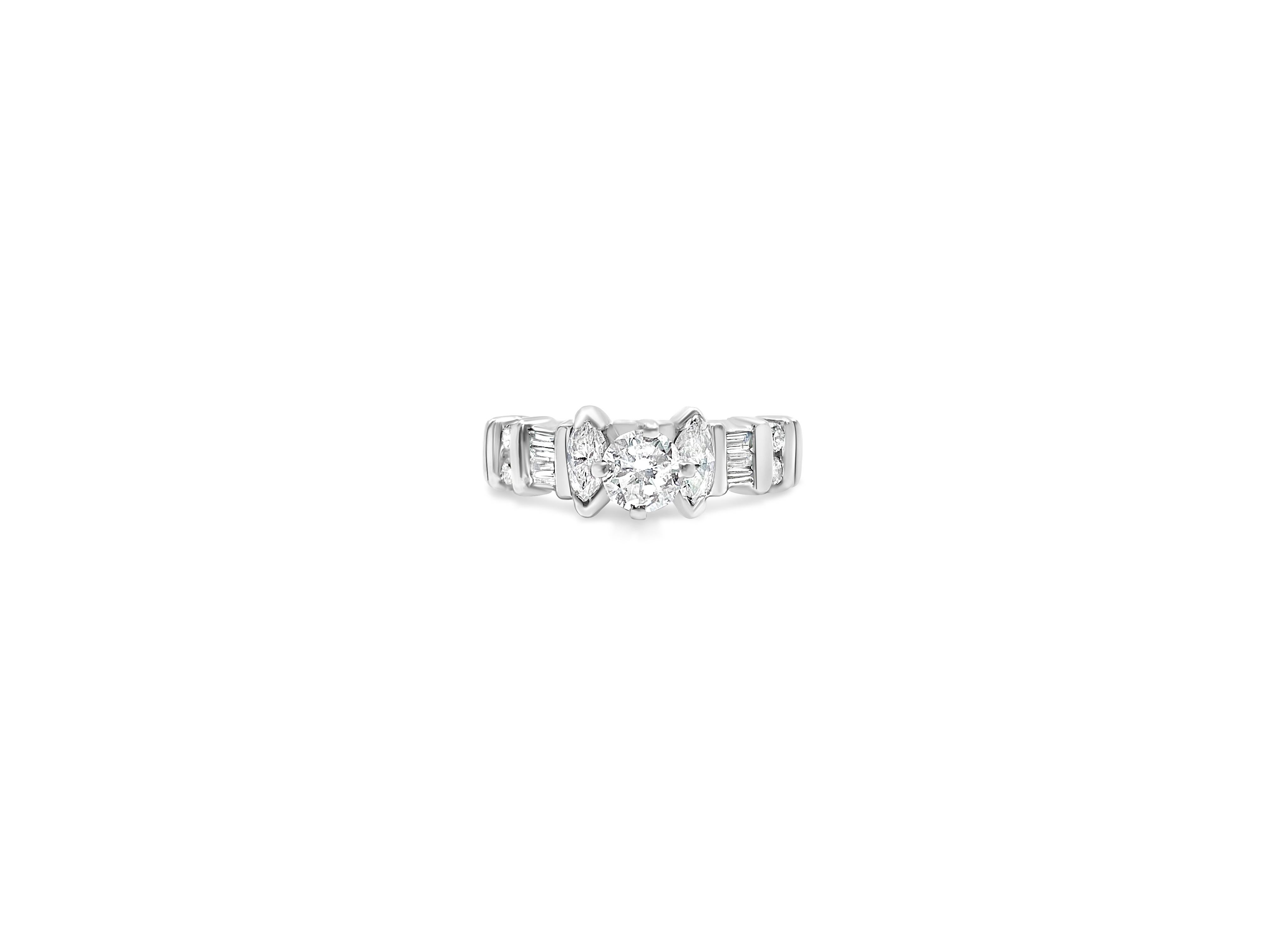 Fashioned in exquisite 10k white gold, this vintage diamond ring showcases a total of 1.50 carats of natural earth-mined diamonds. With a mix of VS-SI clarity and G color, these round brilliant cut diamonds offer captivating sparkle and brilliance.