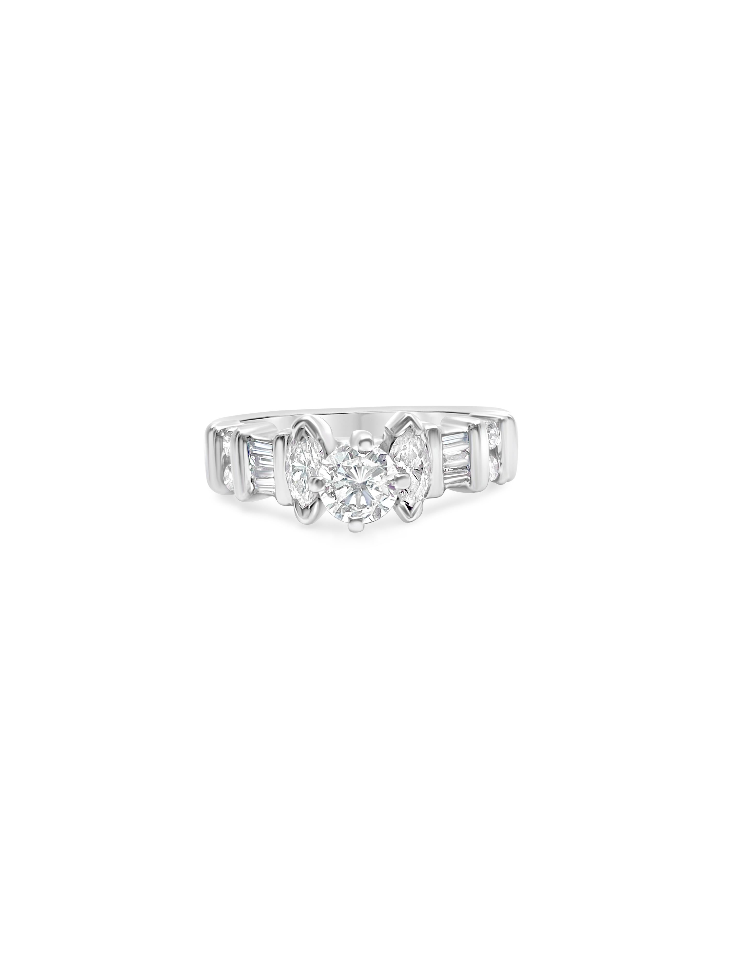 Fashioned in exquisite 10k white gold, this vintage diamond ring showcases a total of 1.50 carats of natural earth-mined diamonds. With a mix of VS-SI clarity and G color, these round brilliant cut diamonds offer captivating sparkle and brilliance.