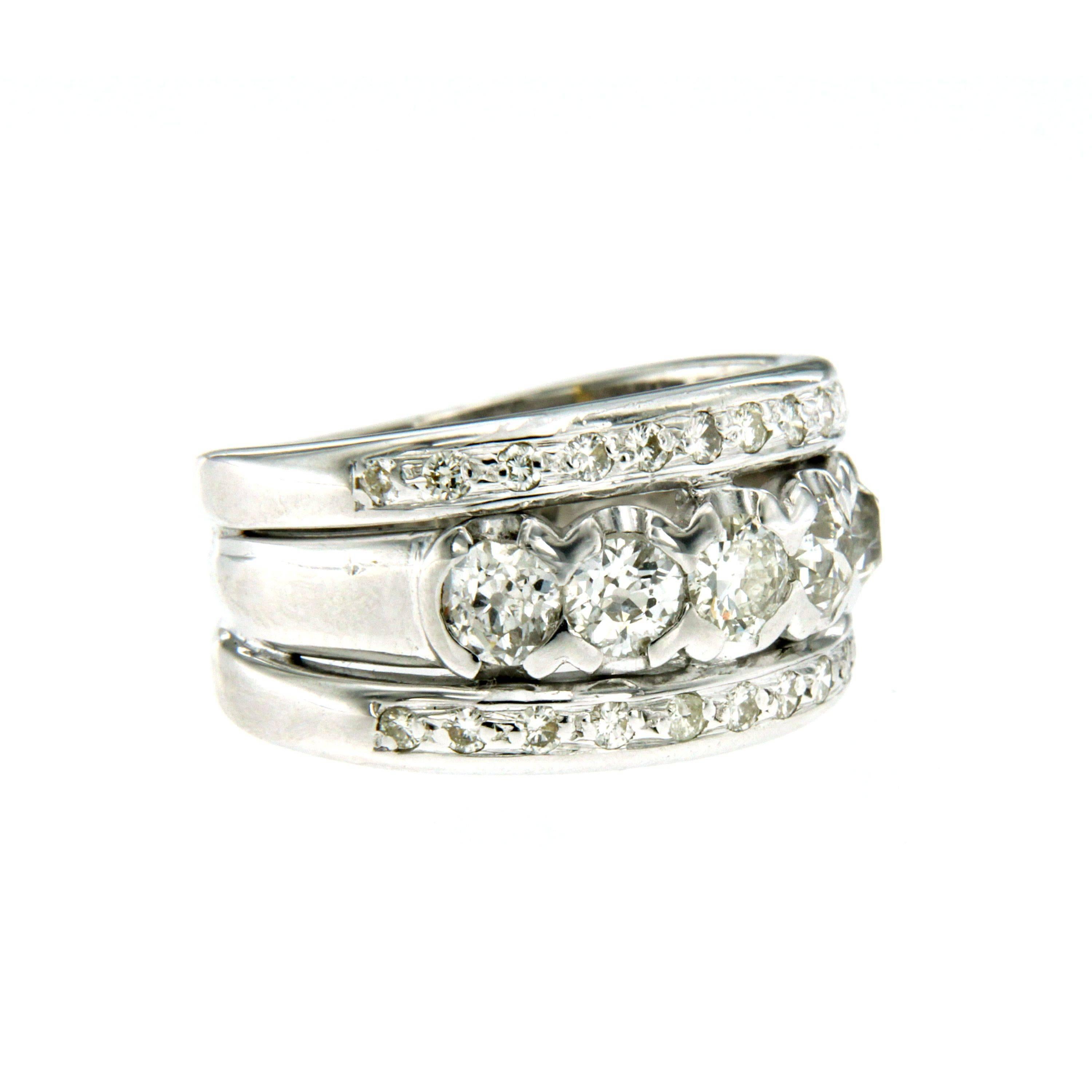 A vintage diamond band ring set in 18k white gold. The ring features total 1.50 carat round brilliant cut diamond graded H color Vs clarity, simple but luxurious, it's perfect for everyday wear.
Entirely hand crafted, dates to the 1980s, Italy, and