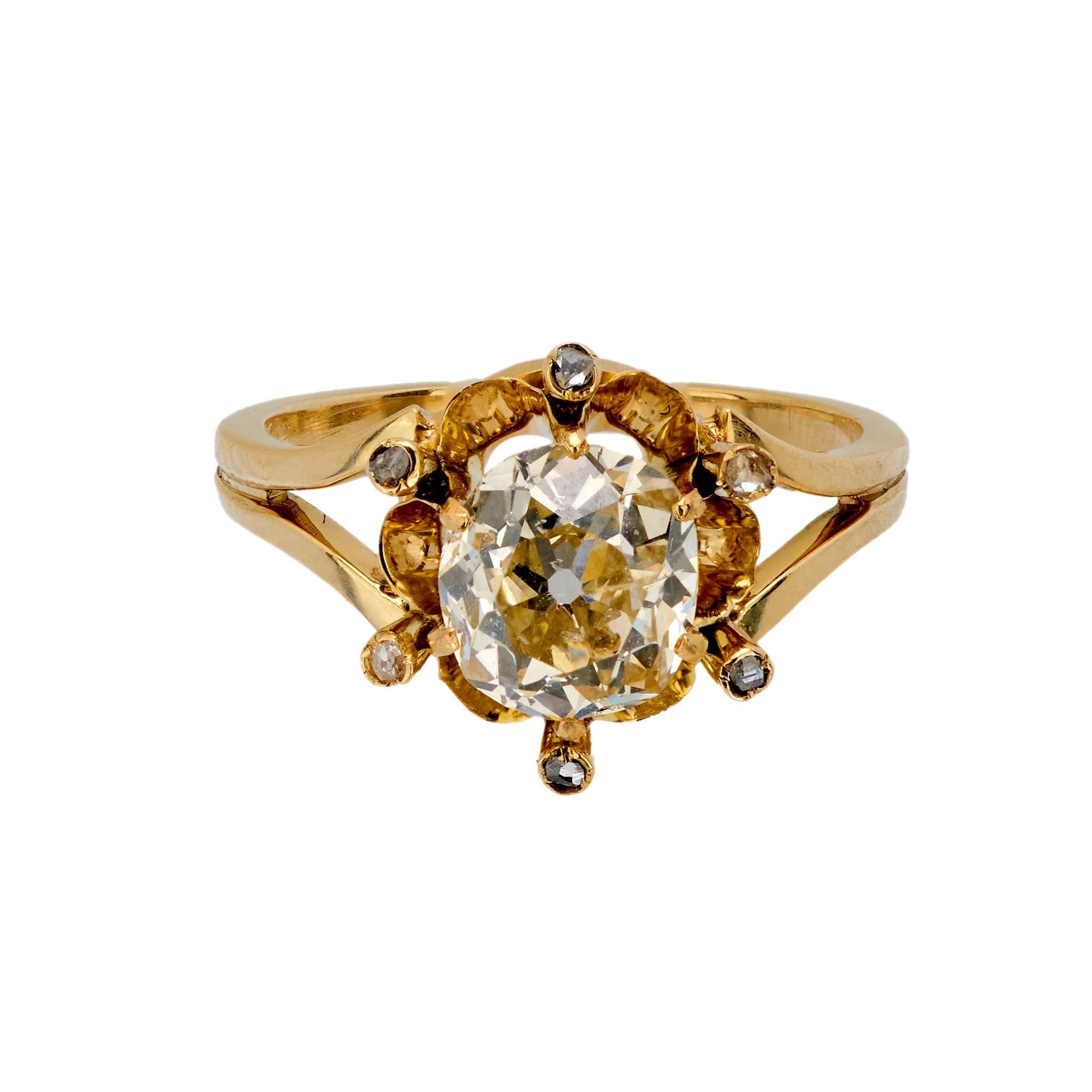 Modern Vintage 1.50 carat old mine diamond 18k yellow gold spray ring For Sale