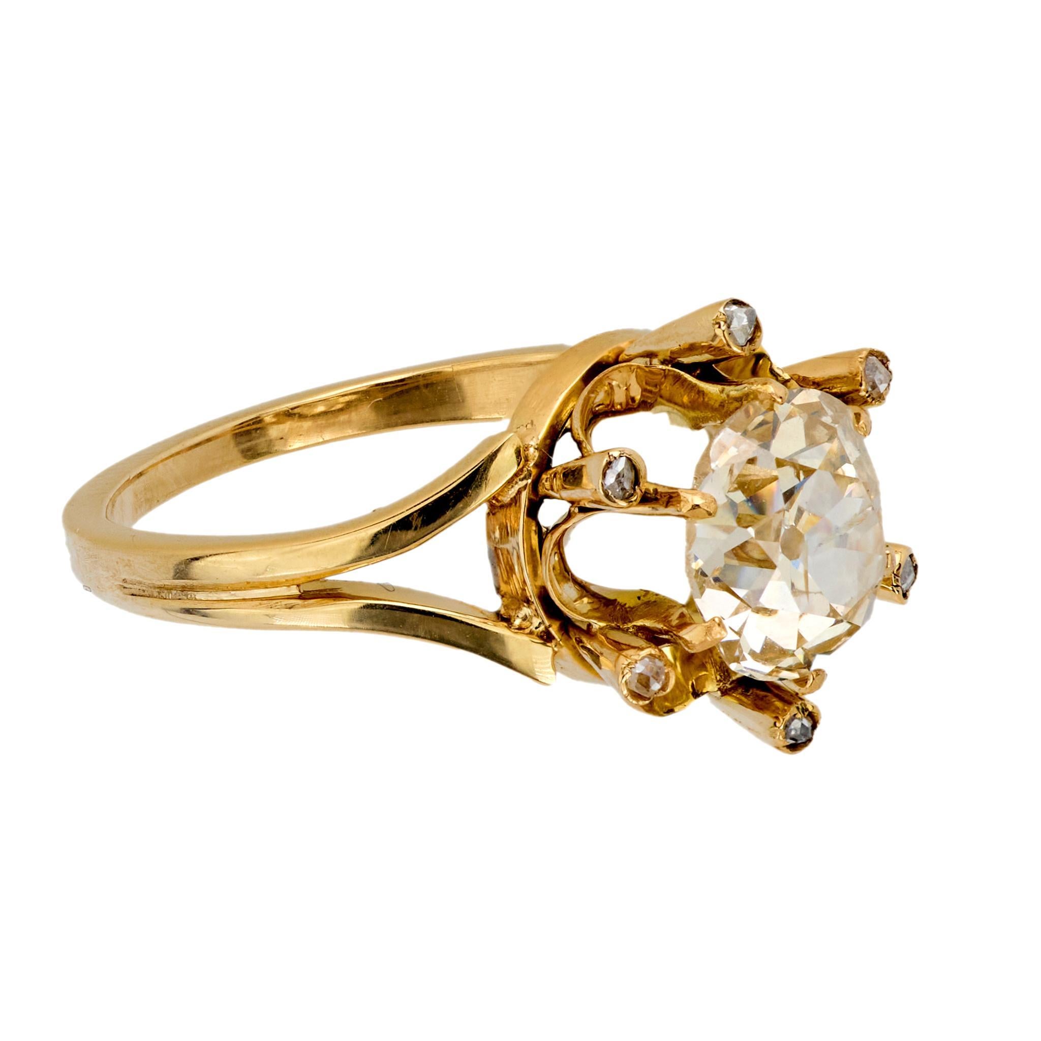 Old Mine Cut Vintage 1.50 carat old mine diamond 18k yellow gold spray ring For Sale