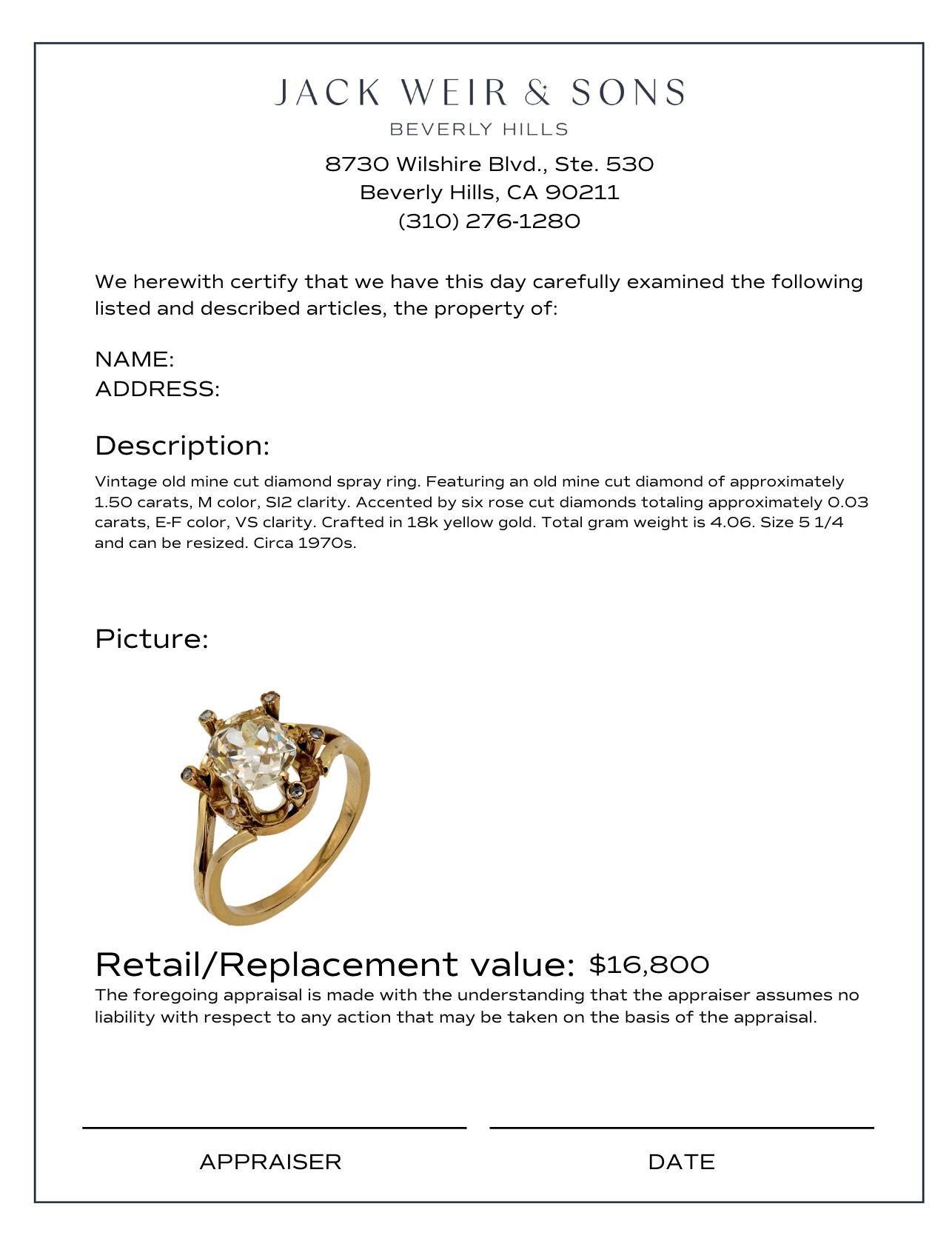 Vintage 1.50 carat old mine diamond 18k yellow gold spray ring In Excellent Condition For Sale In Beverly Hills, CA