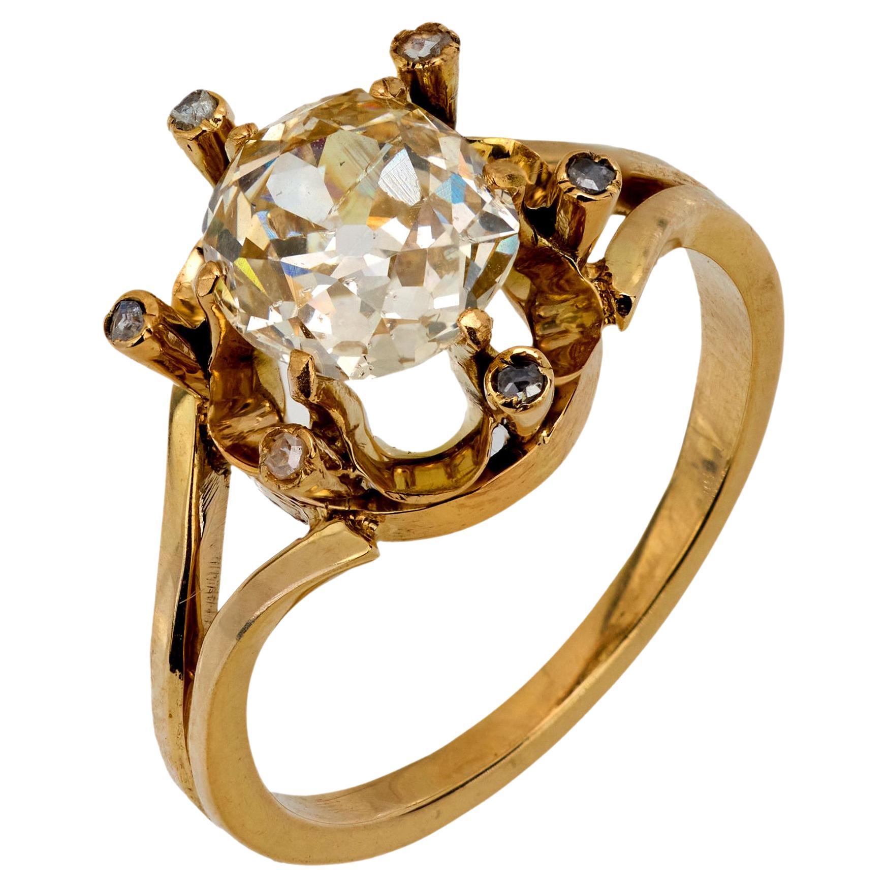 Vintage 1.50 carat old mine diamond 18k yellow gold spray ring