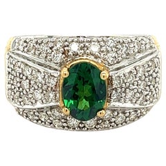 Vintage 1.50 Carat Oval Cut Green Tsavorite and Diamond Cluster Ring