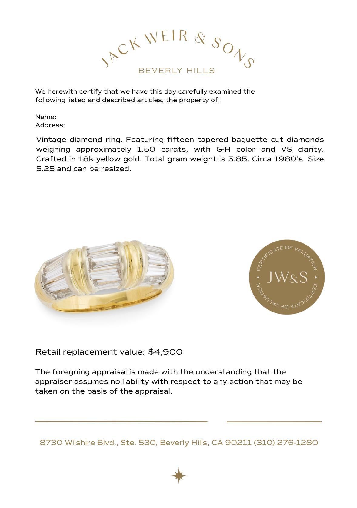 Vintage 1,50 Karat spitz zulaufender Diamant im Baguetteschliff 18k Gelbgoldring im Angebot 1