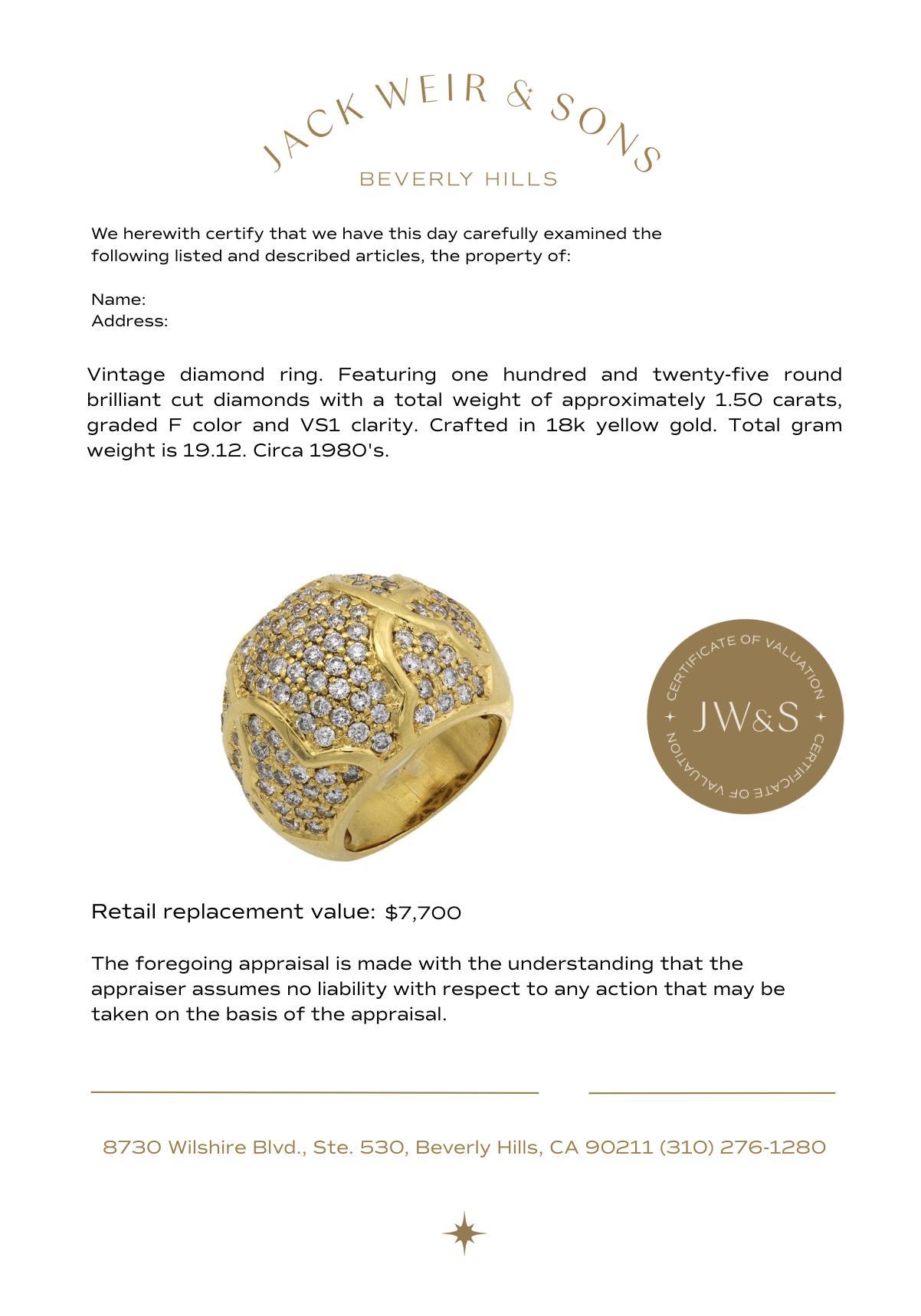 De las mujeres Anillo de cóctel vintage de oro amarillo de 18k con diamantes de 1,50 quilates de peso total en venta