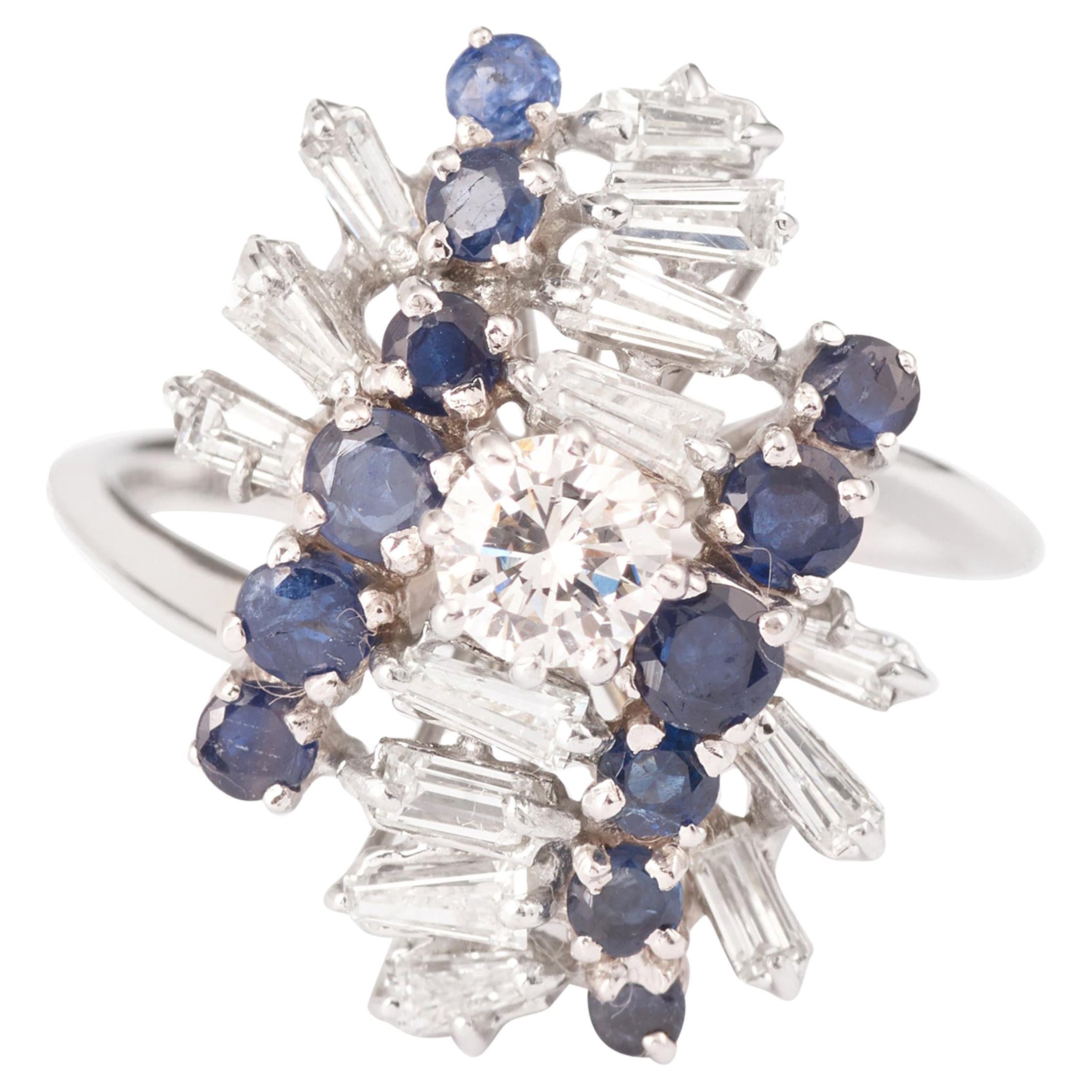 Vintage 1.50 Carats Diamonds and Sapphires 18 Carats White Gold Cocktail Ring