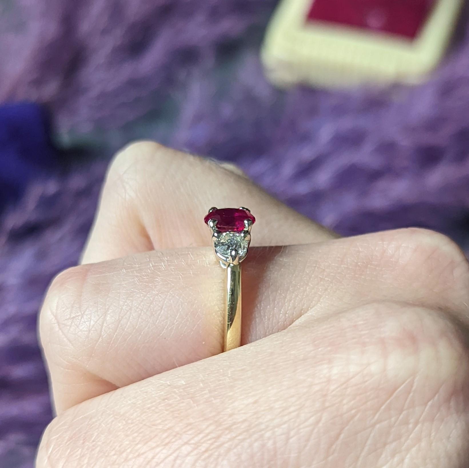 Vintage 1.50 Carats Ruby Diamond 14 Karat Two-Tone Gold Three Stone Ring 5