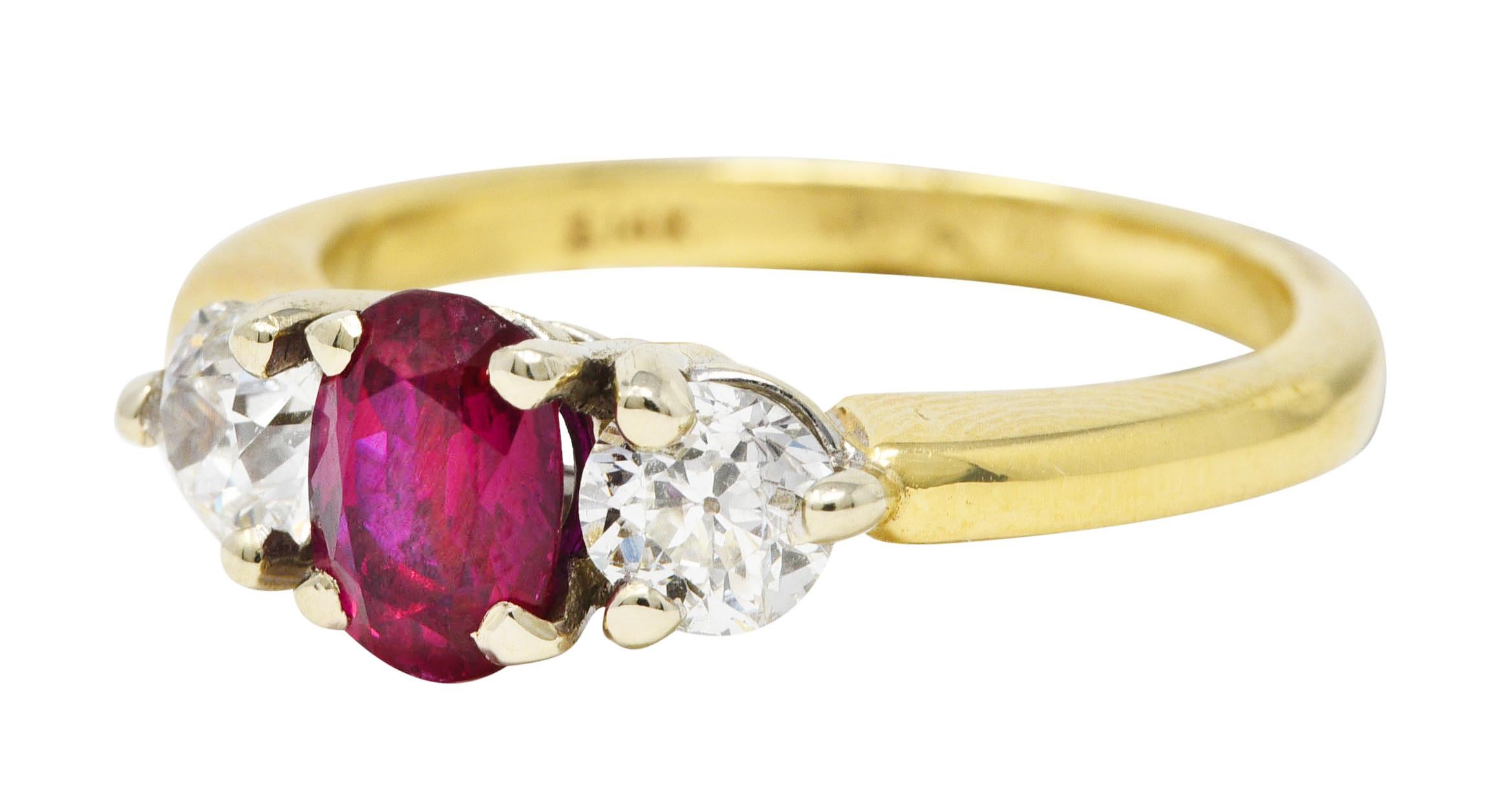 Women's or Men's Vintage 1.50 Carats Ruby Diamond 14 Karat Two-Tone Gold Three Stone Ring