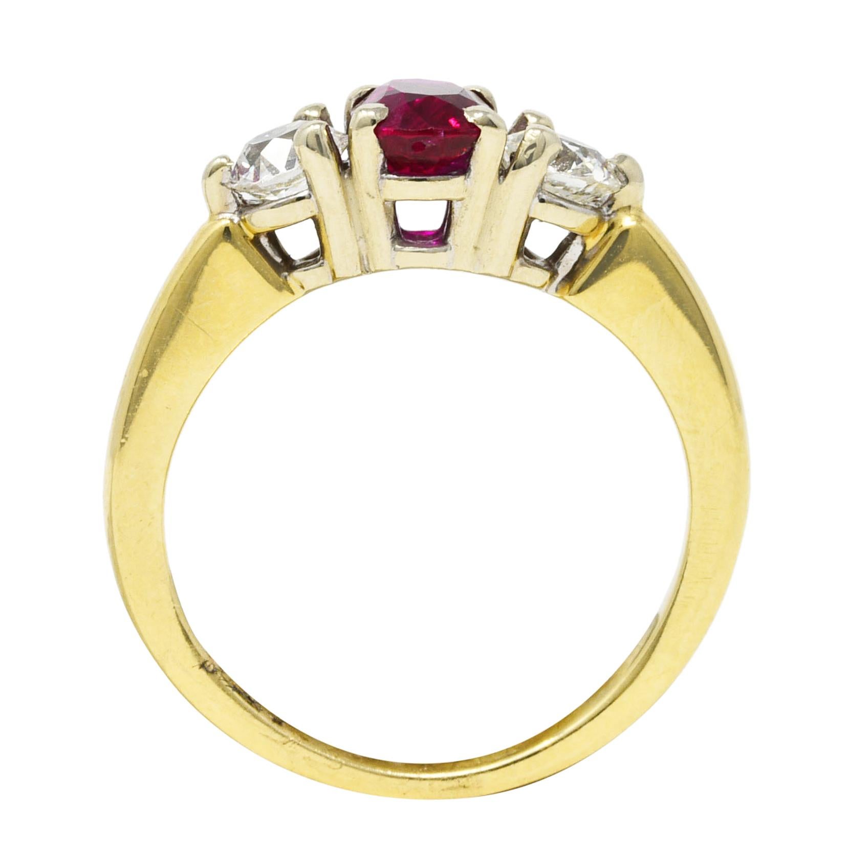 Vintage 1.50 Carats Ruby Diamond 14 Karat Two-Tone Gold Three Stone Ring 2