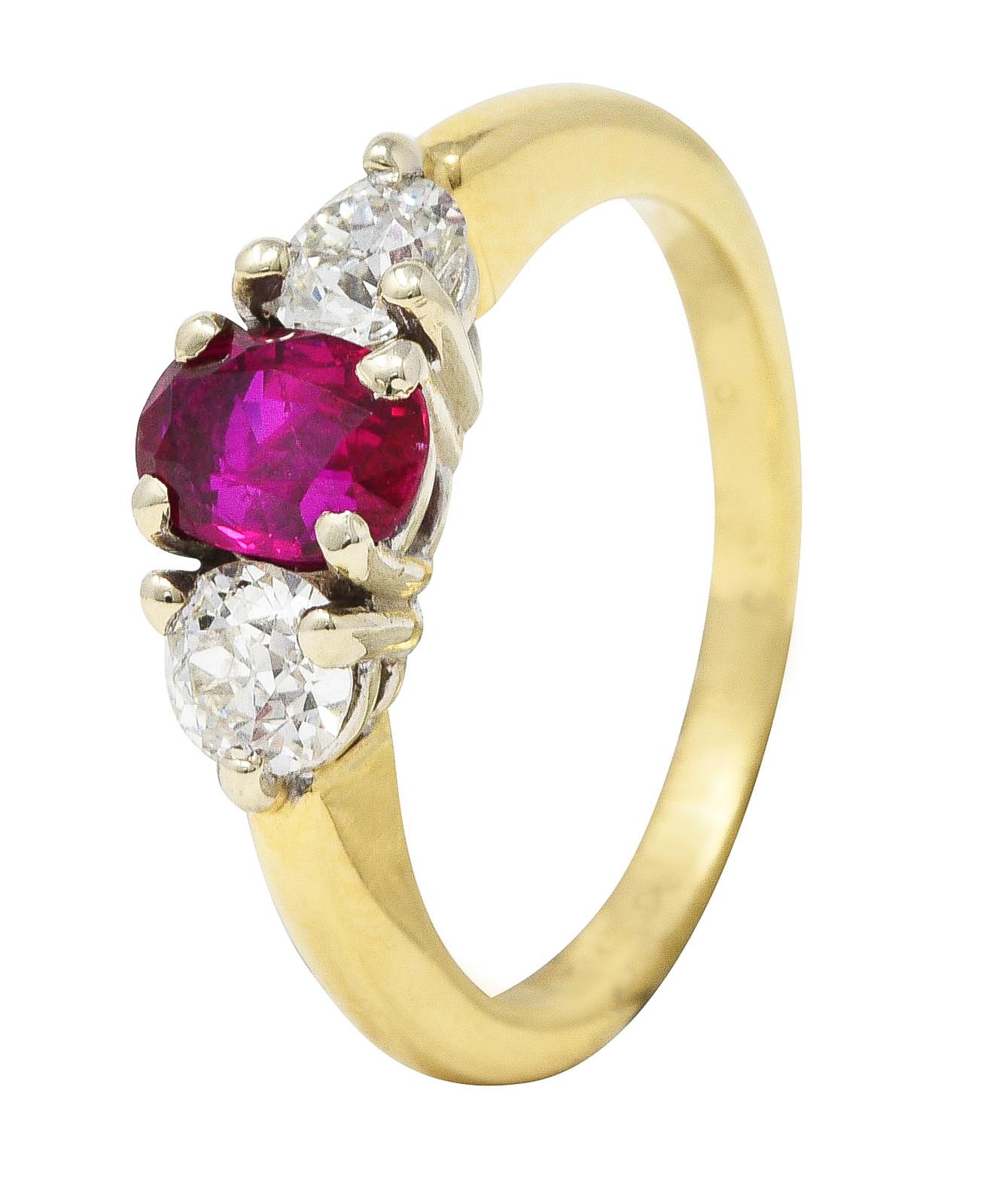 Vintage 1.50 Carats Ruby Diamond 14 Karat Two-Tone Gold Three Stone Ring 3