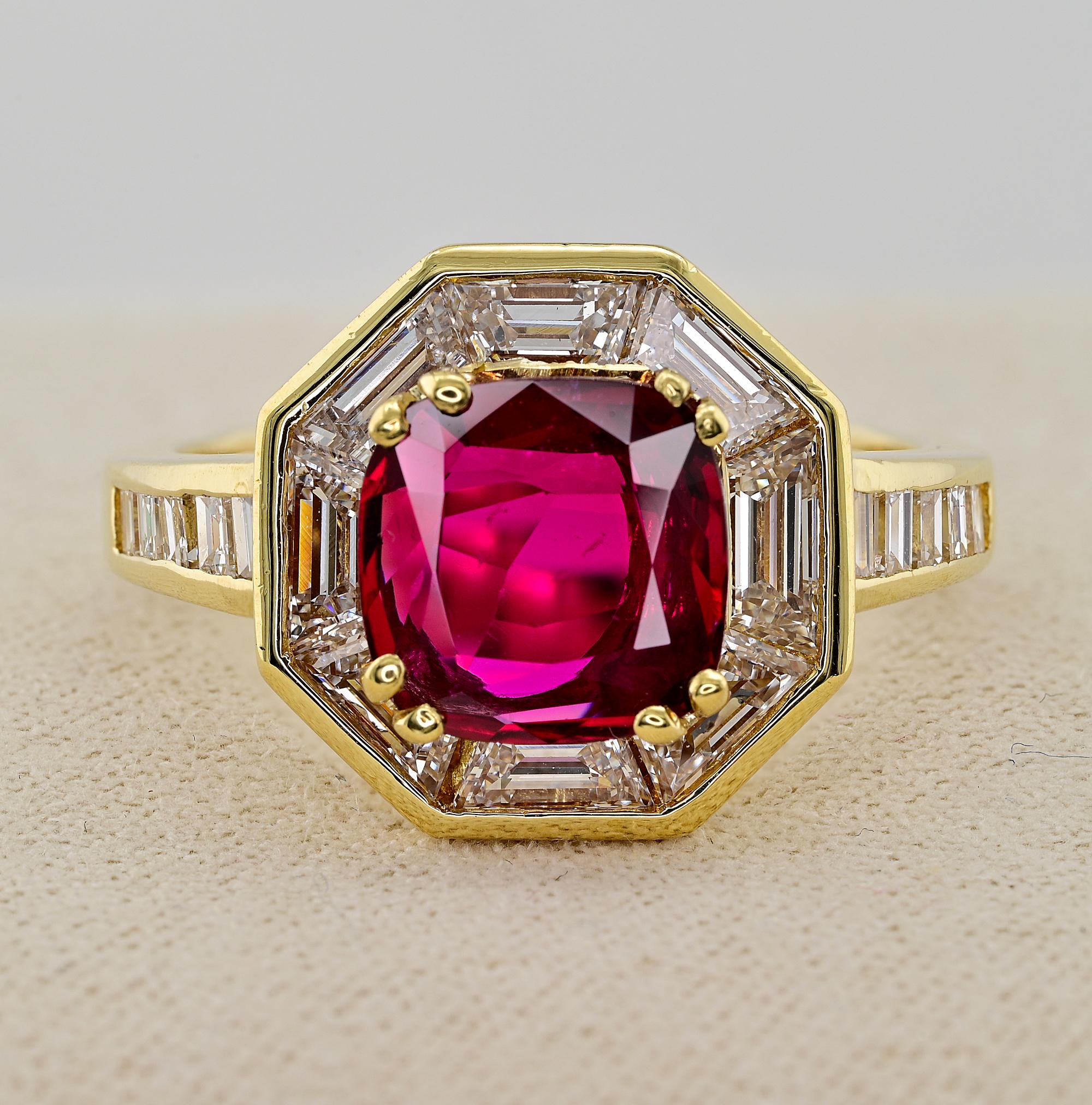 This very charming vintage ring is 1970 circa
Skilfully hand crafted as unique of solid 18 Kt gold
Marvelous chic design with octagonal head set with Ruby and Diamonds
An exceptionally vivid Red natural Ruby of octagonal faceted cut is the focal