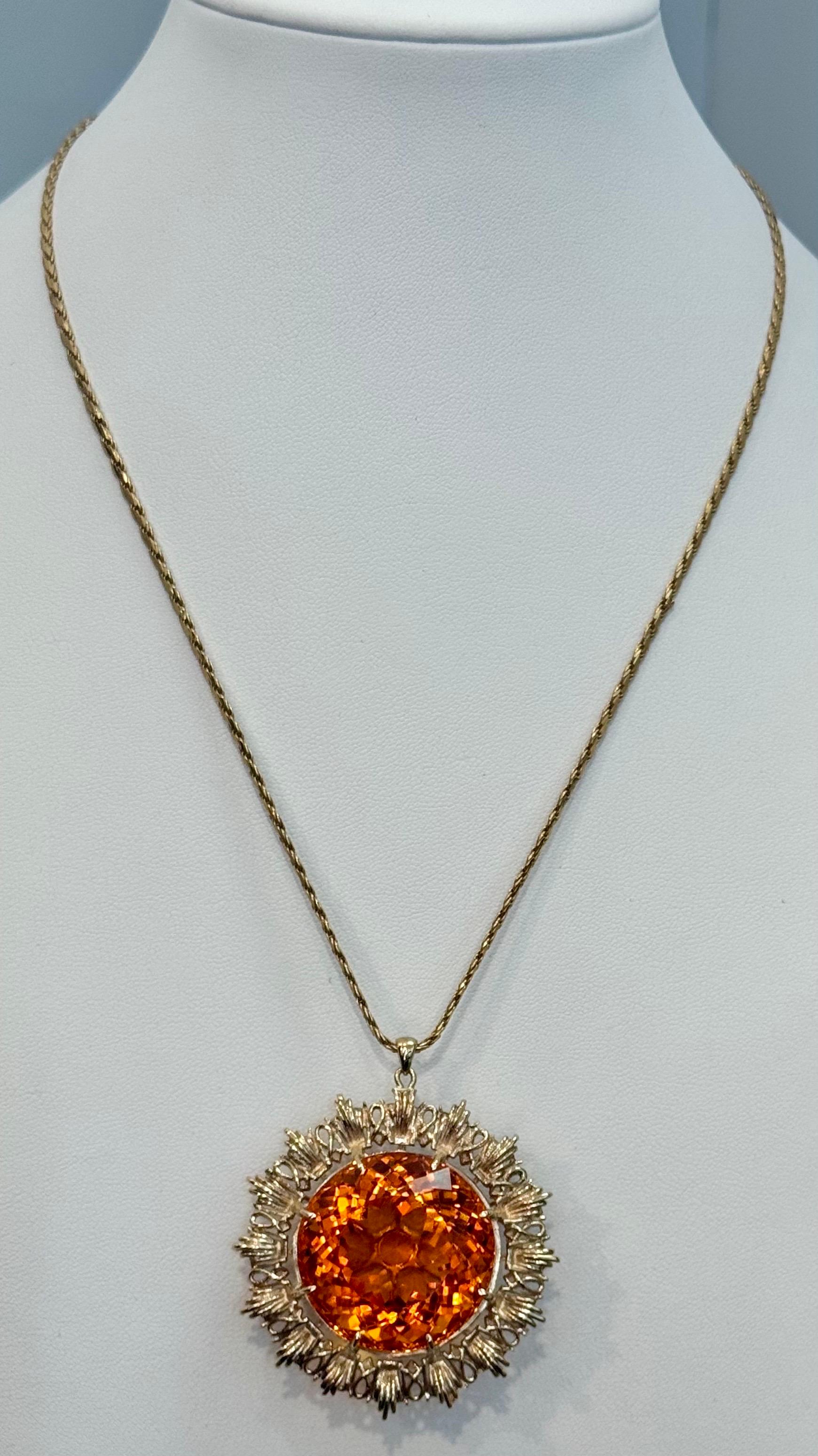 Vintage 150 Ct Round Shape Citrine Pendent  14 Kt Yellow Gold with Chain Italy For Sale 6