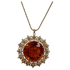 Vintage 150 Ct Round Shape Citrine Pendent  14 Kt Yellow Gold with Chain Italy